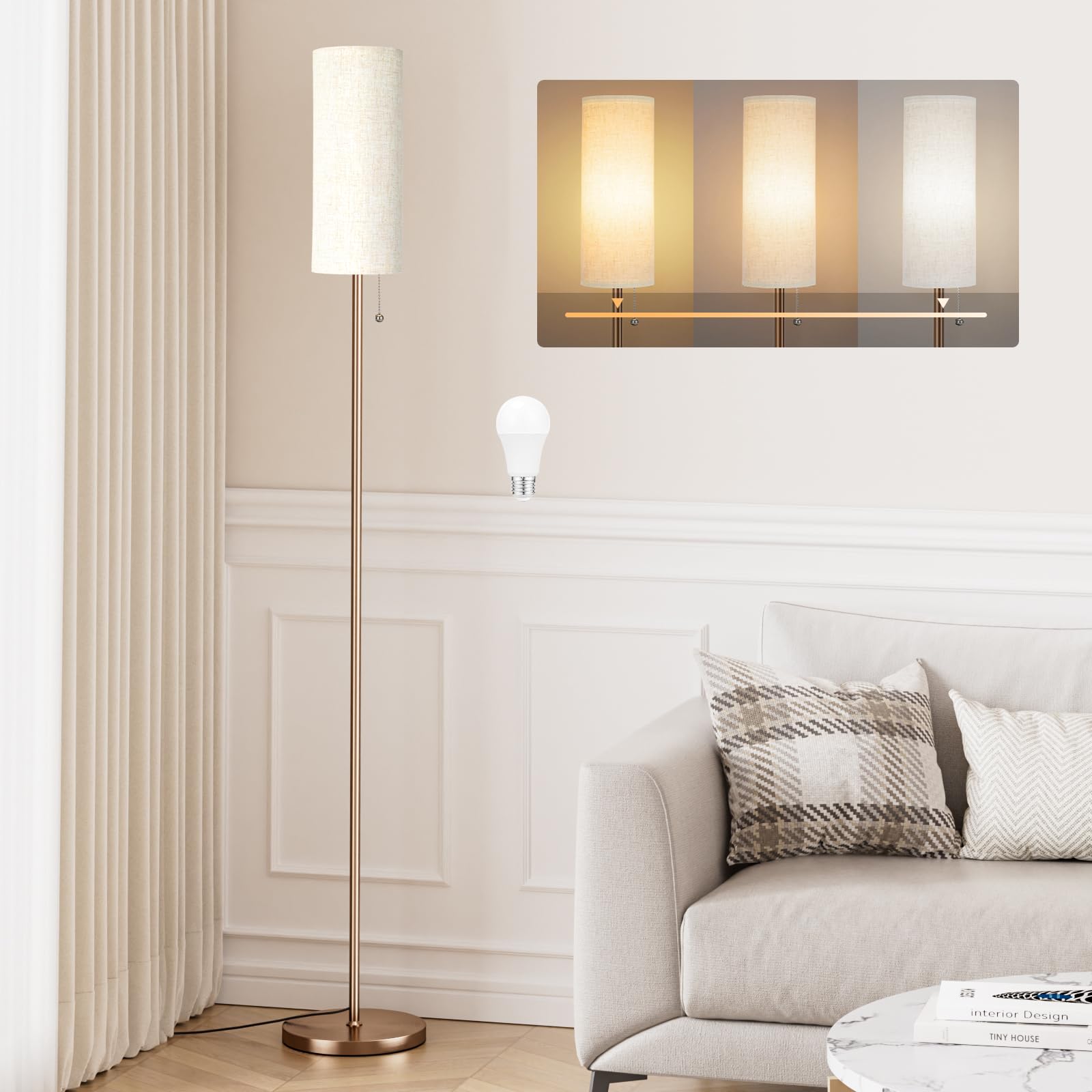 Aooshine Beige Floor Lamp for Living Room, 64" Standing lamp for Bedroom, Beige Shade & Brown Pole(Bulb Included)