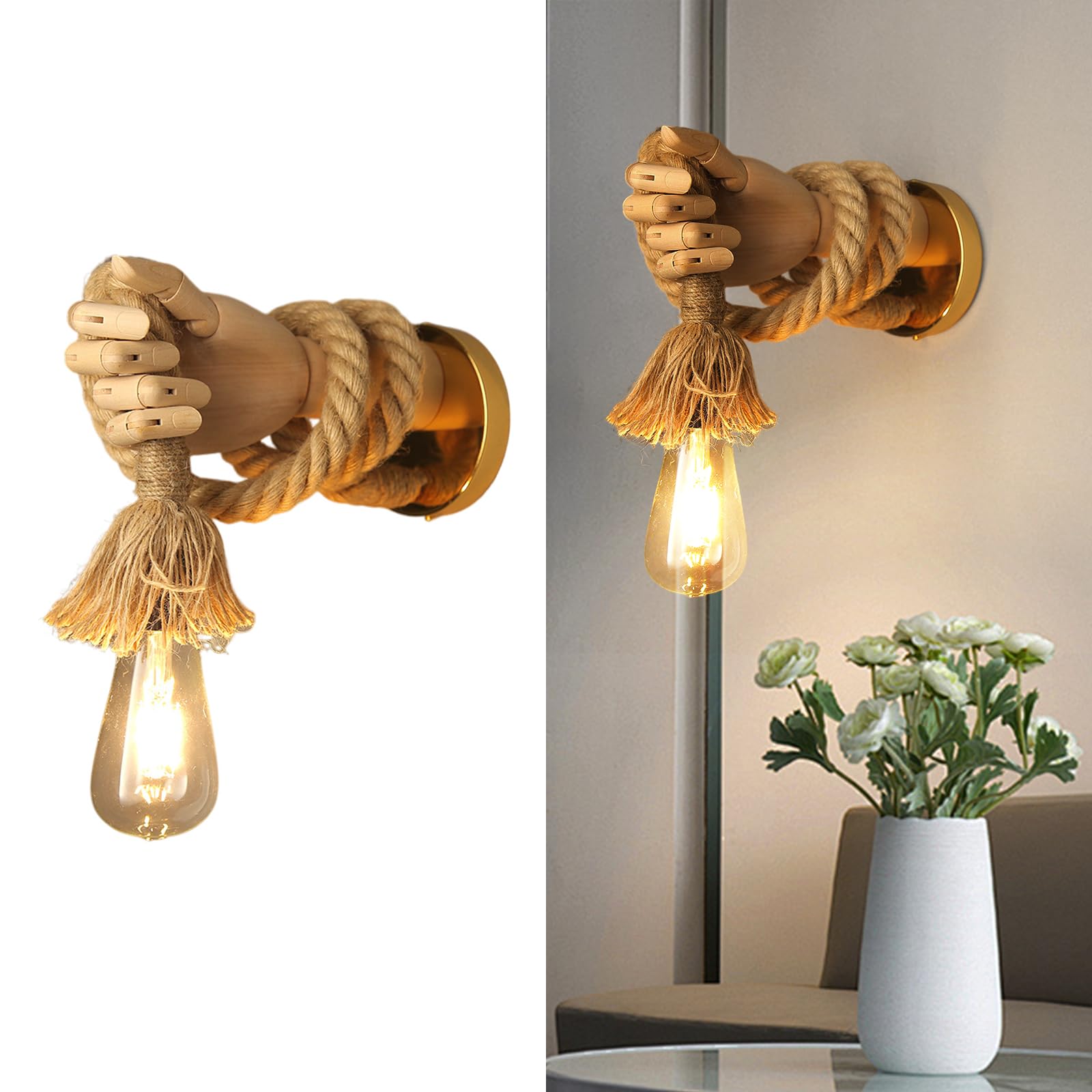 Wooden Hand Shape Wall Light, E27 Rustic Rope Lighting Fixtures, Unique Art Decor Wall Lamp for Bedroom, Restaurant, Living Room, Hallway (Left Hand)