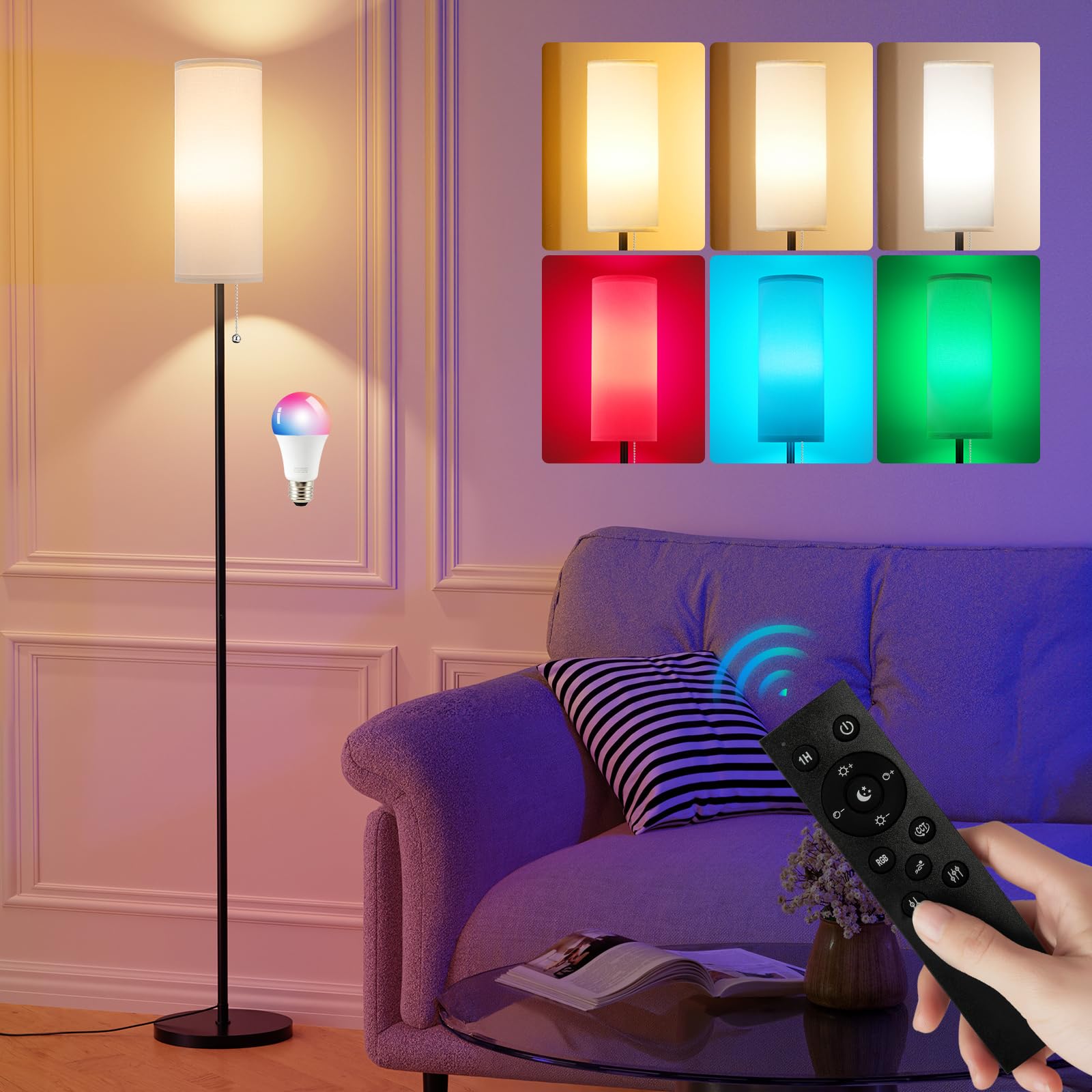64" Modern Floor Lamp, Remote Controlled Stepless Dimmable Lamp for Living Room Bedroom Office, 9W Bulb Included
