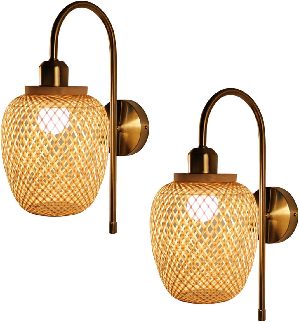 Rattan Wall Lamps Boho Vintage Farmhouse Wall Lamp Wall Sconces Hand-Woven Bamboo E27 Decorative Wall Light Indoor Gold Wall Lighting Fixture For Bedroom Study Room Office