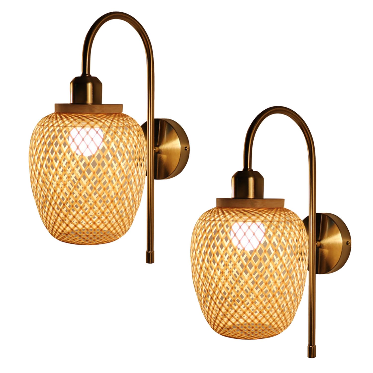 Rattan Wall Lamps Boho Vintage Farmhouse Wall Lamp Wall Sconces Hand-Woven Bamboo E27 Decorative Wall Light Indoor Gold Wall Lighting Fixture For Bedroom Study Room Office