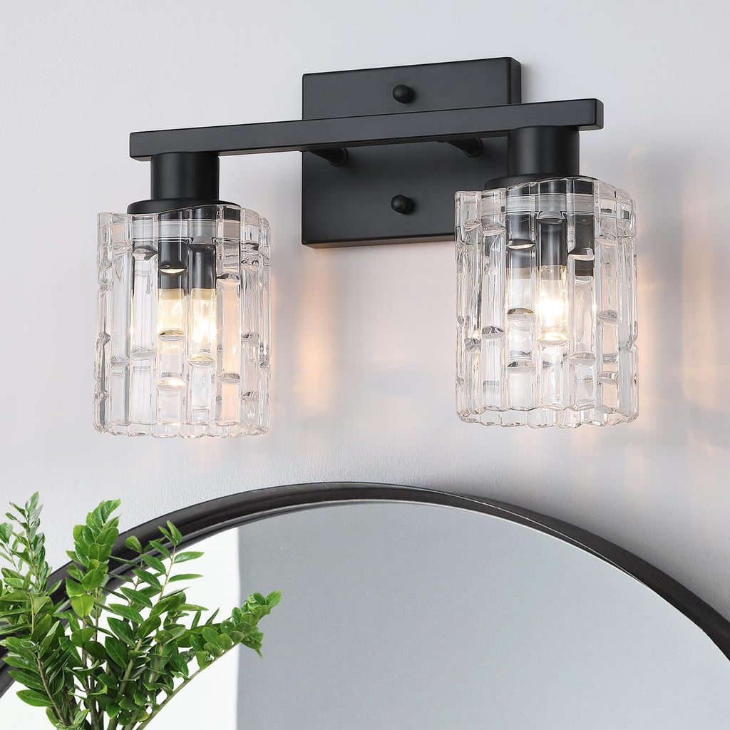 2-Light Matte Black Bathroom Vanity Light, Crystal Glass Shade Wall Lamp with E26 Base