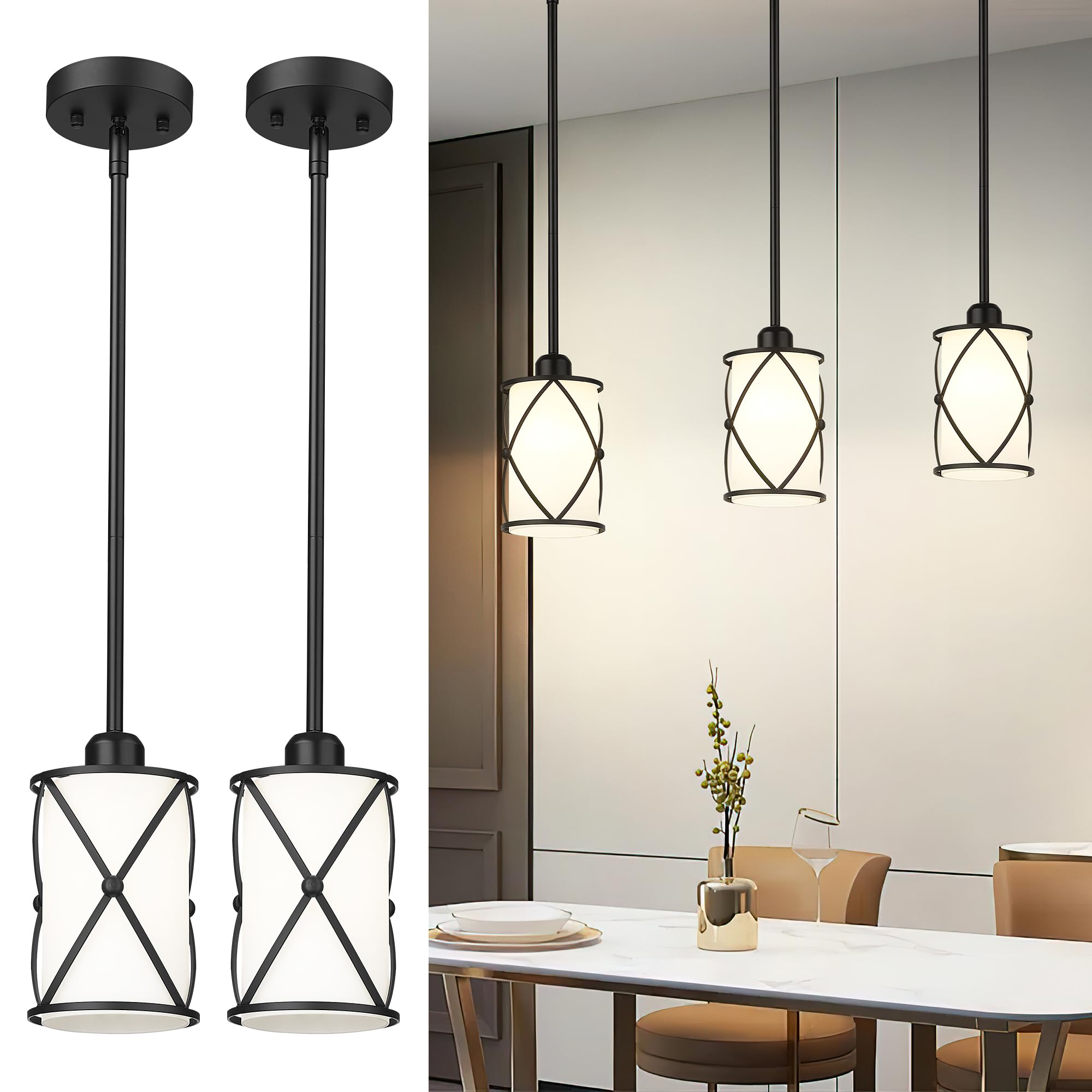 Glass Pendant Lights Kitchen Island 2 Pack, Black Mini Pendant Light with Clear Glass, Farmhouse Industrial Cage Hanging Lighting for Kitchen Sink Dining Room Bathroom, CH9176-1-2PK