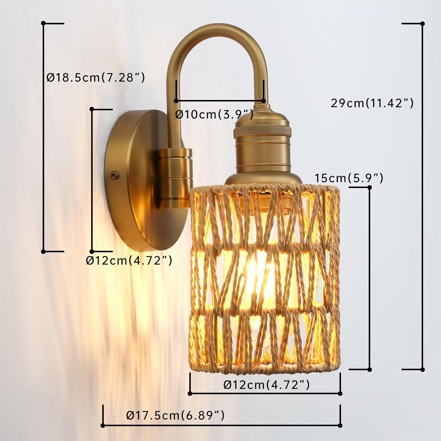 1-Light Vintage Rattan Shade Gooseneck Wall Sconce, Hardwired Lamp for Hallway Bedroom Living Room
