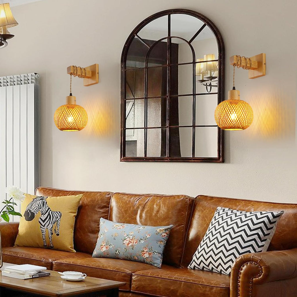 Bamboo Boho Wall Lights,Vintage Nylon Rope Wood Lantern Wall Lights for Living Room E27 Wall Lamp Shade,Hand-Woven Wall Light for Bedroom Hallway Cafe Bar (Without Bulb)