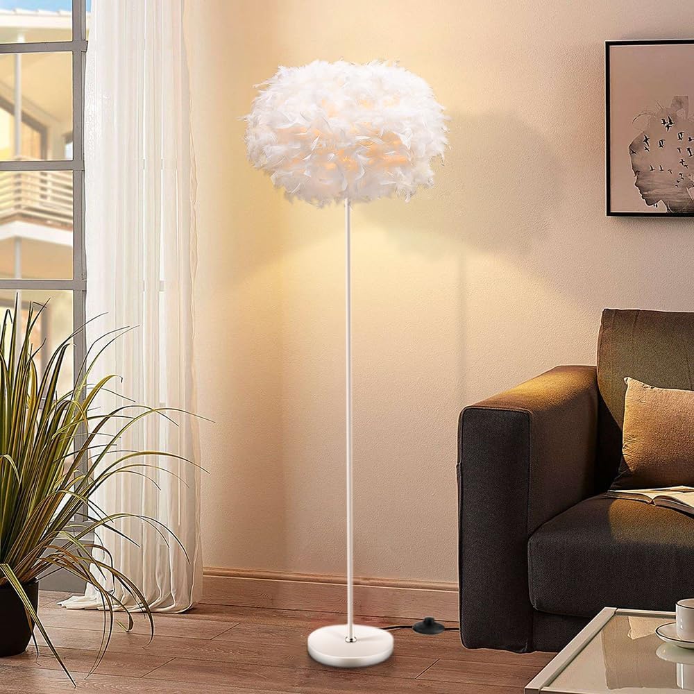 55" White Feather Floor Lamp with Foot Switch, E27 Socket for Living Room Bedroom Office