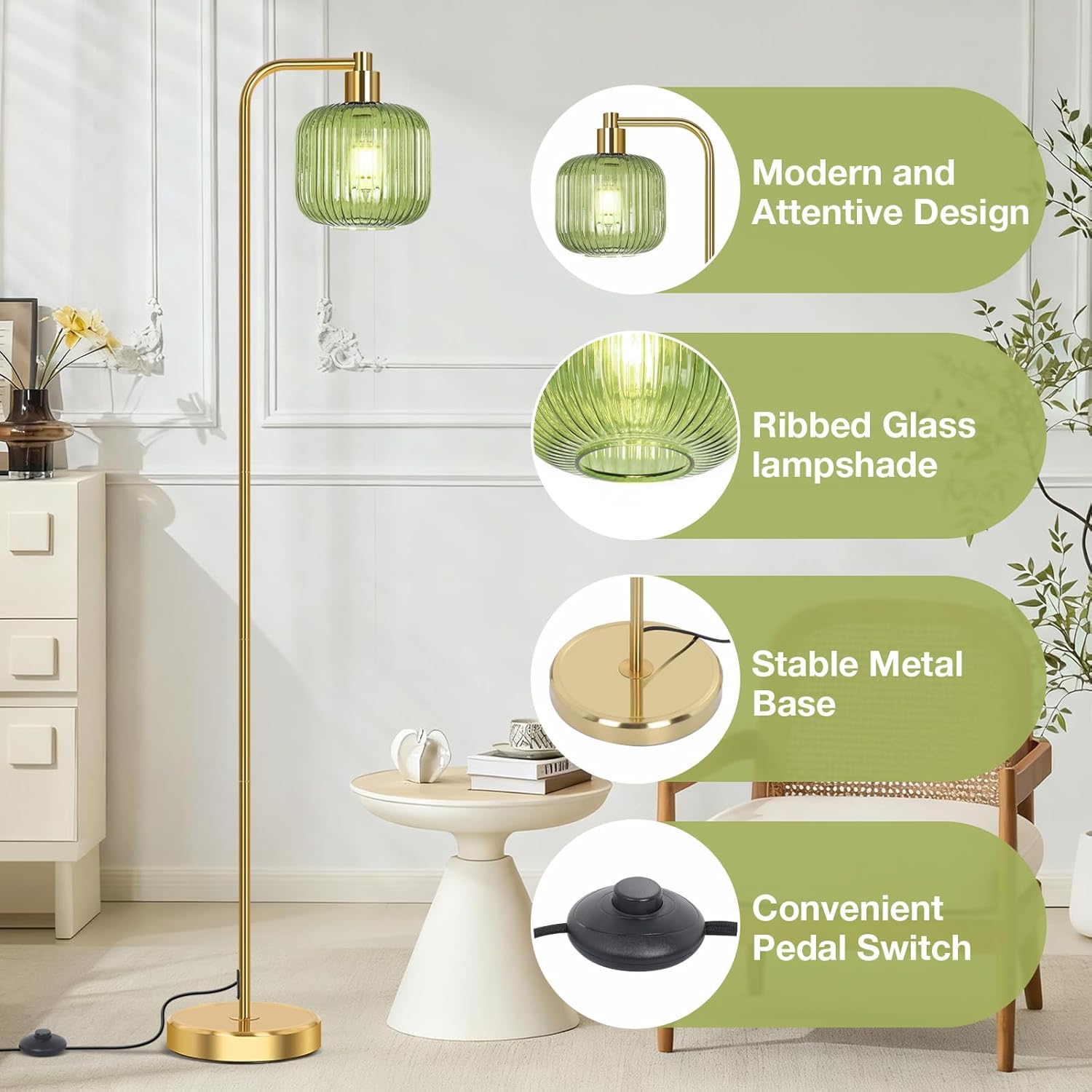 BTTO Floor Lamps for Living Room, Vintage Standing Lamp with Glass Lampshade, 170cm Gold Tall Lamps Standard Lamps with Foot Switch for Bedroom, Living Room, Office, E27 Sockets (Bulb Included)