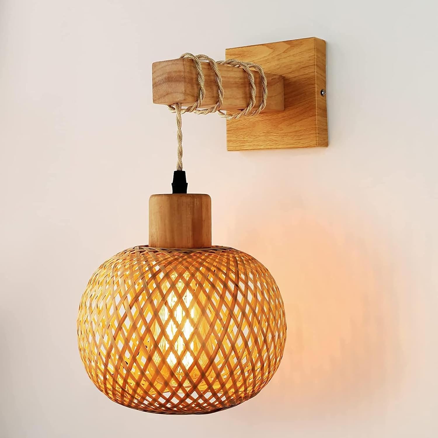 Retro Indoor Wall Lamp, E27 Vintage Wooden Wall Light with Rattan Lampshade, Cage Wall Sconce Lighting for Living Room, Bedroom, Corridor, Dining Room, Max 60W (Without Light Bulb)