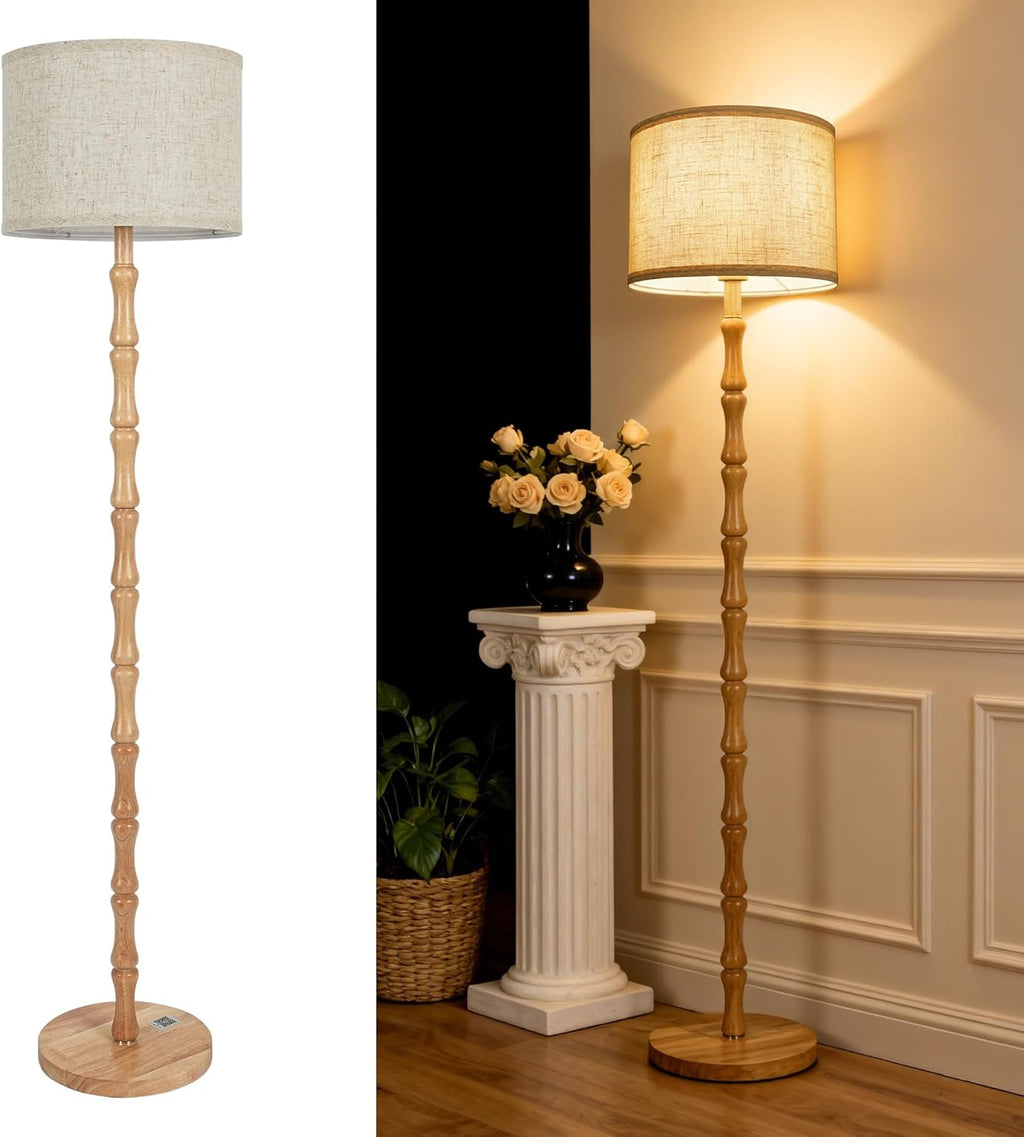 Wood Floor Lamp for Living Room, 167cm Tall Natural Oak Standing Lamp with Beige Linen Shade, E27 Socket, Vintage Boho Rustic Scandinavian, Bedroom and Lounge Corner Light WOVI FL09