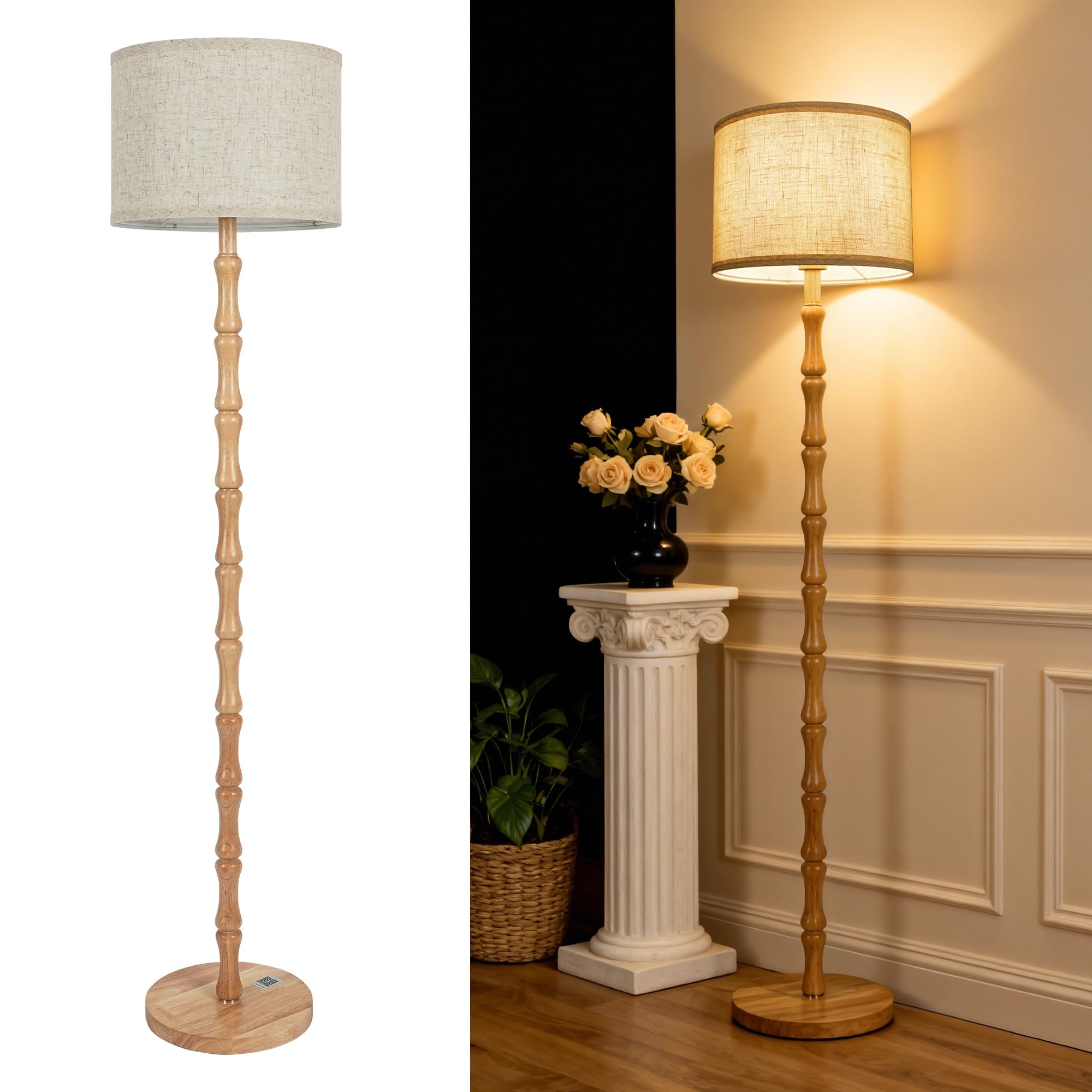 Wood Floor Lamp for Living Room, 167cm Tall Natural Oak Standing Lamp with Beige Linen Shade, E27 Socket, Vintage Boho Rustic Scandinavian, Bedroom and Lounge Corner Light WOVI FL09