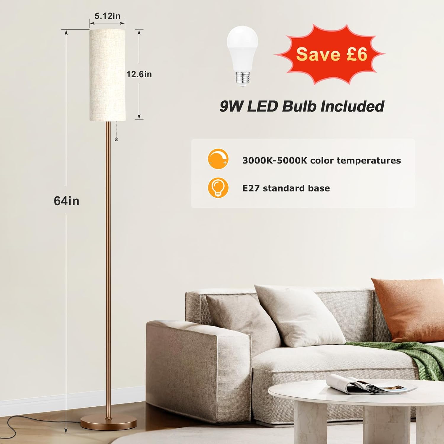 Aooshine Beige Floor Lamp for Living Room, 64" Standing lamp for Bedroom, Beige Shade & Brown Pole(Bulb Included)