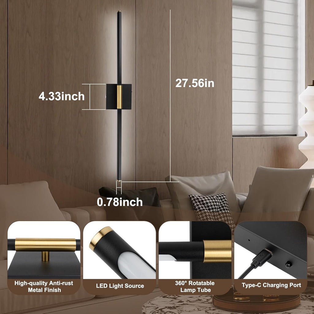 Battery Operated LED Wall Lights, USB Rechargeable Dimmable wall lights with Remote Control, Black Gold LED Rechargeable Sconces,70CM Wireless Wall light for Bedroom Living Room Hallway, 2 Pack