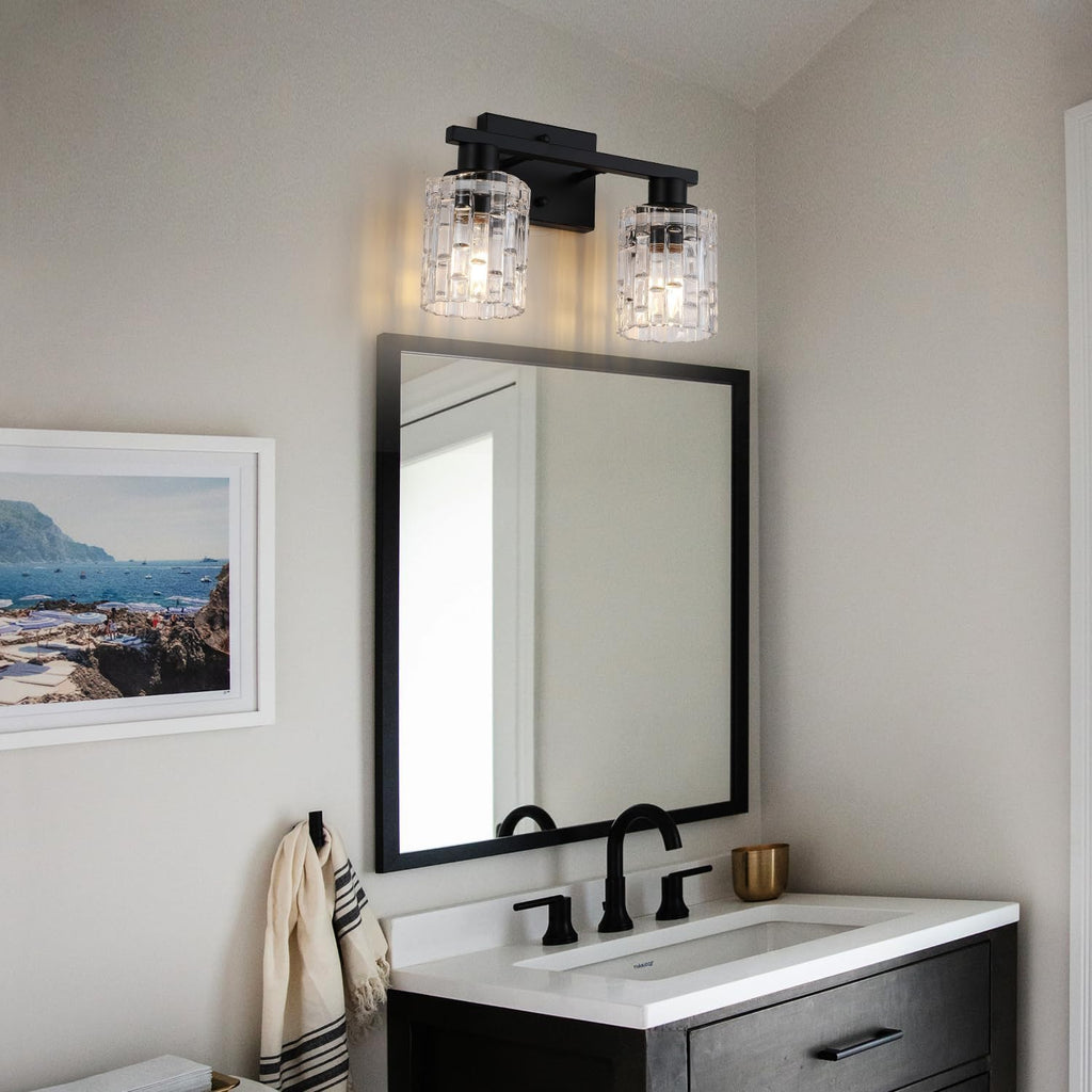 2-Light Matte Black Bathroom Vanity Light, Crystal Glass Shade Wall Lamp with E26 Base