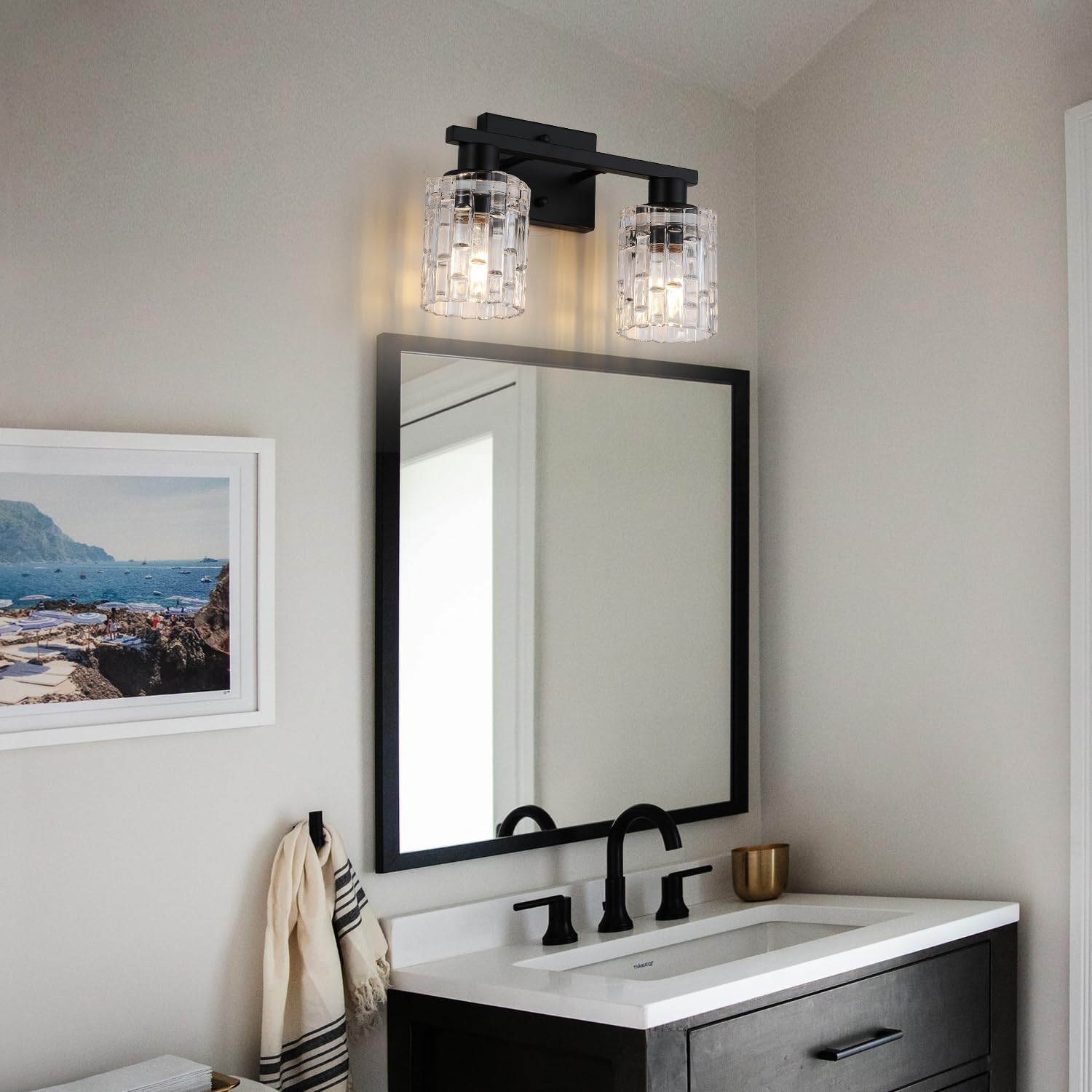 2-Light Matte Black Bathroom Vanity Light, Crystal Glass Shade Wall Lamp with E26 Base