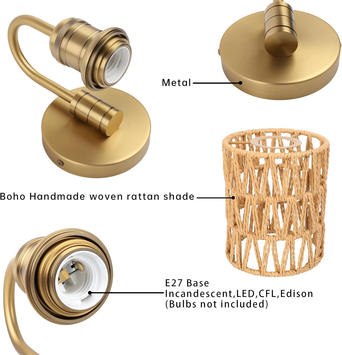 1-Light Vintage Rattan Shade Gooseneck Wall Sconce, Hardwired Lamp for Hallway Bedroom Living Room