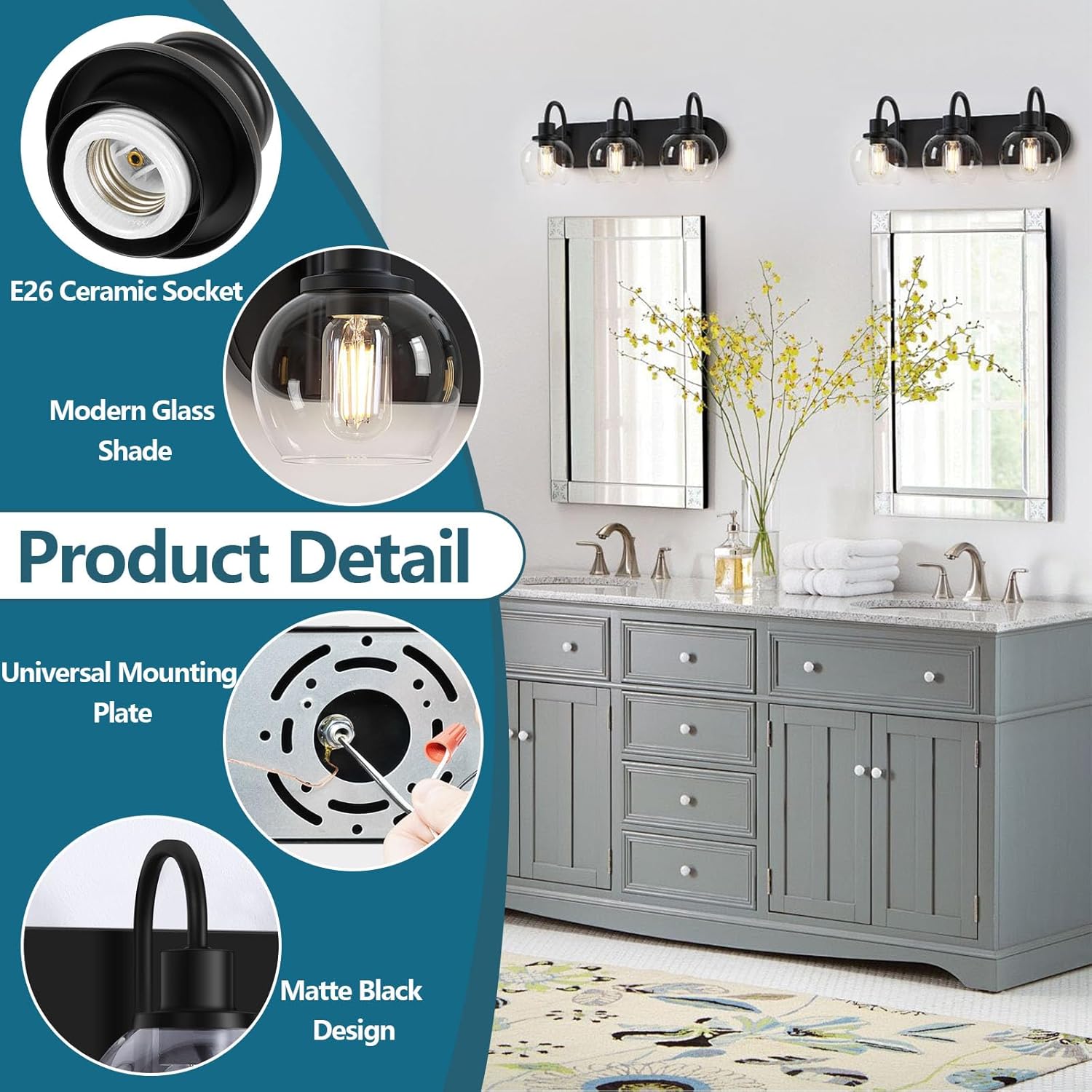 Dpyrrhic Bathroom Vanity Light,Modern 3-Light Bathroom Lighting Fixtures Over Mirror with Clear Glass Shade and Metal Base,Matte Black Bathroom Lighting
