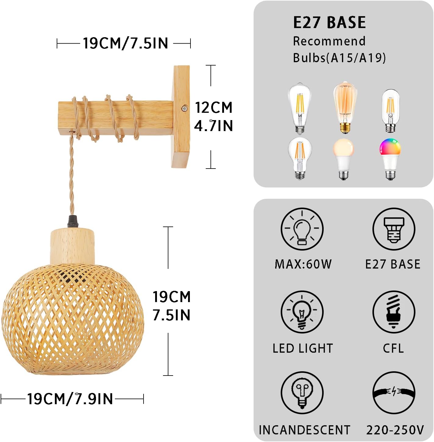 Bamboo Boho Wall Lights,Vintage Nylon Rope Wood Lantern Wall Lights for Living Room E27 Wall Lamp Shade,Hand-Woven Wall Light for Bedroom Hallway Cafe Bar (Without Bulb)