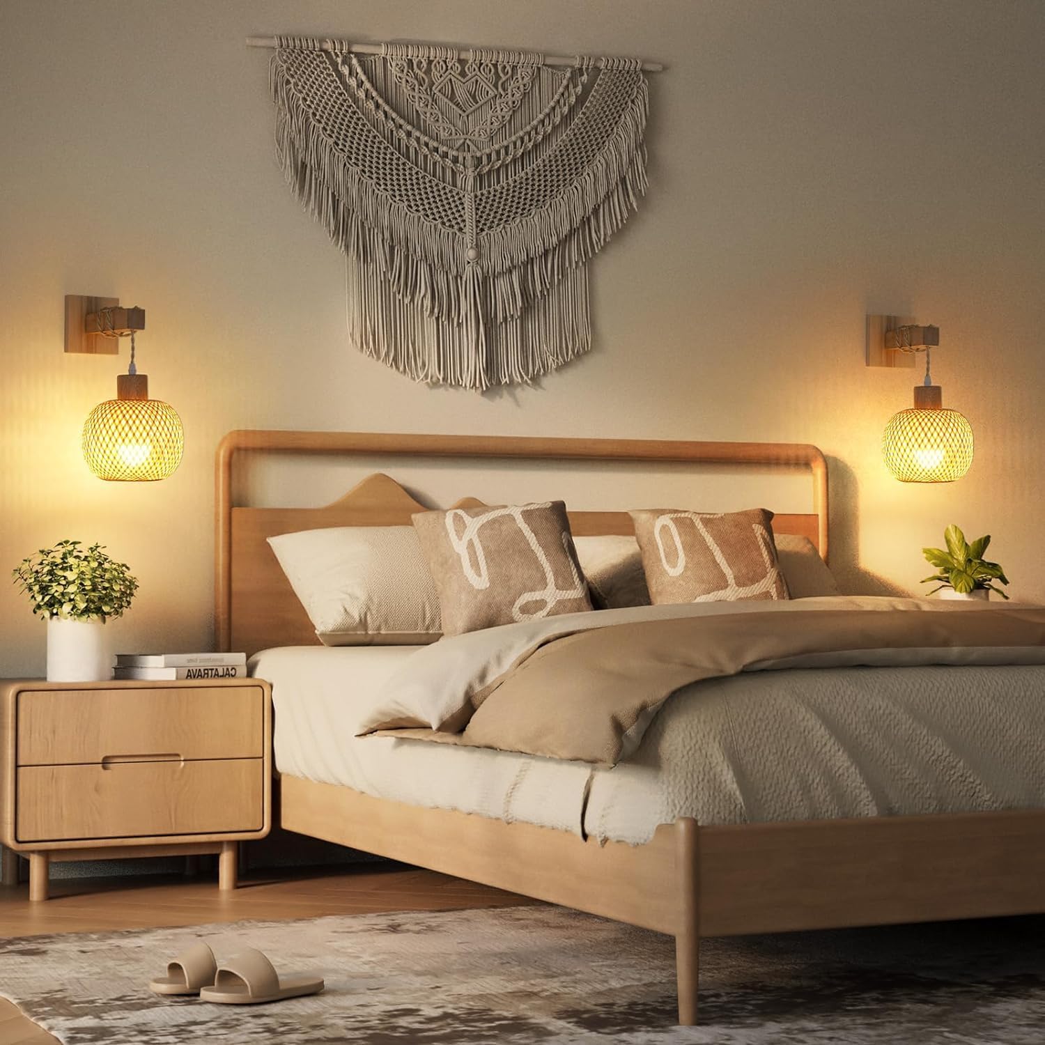 Retro Indoor Wall Lamp, E27 Vintage Wooden Wall Light with Rattan Lampshade, Cage Wall Sconce Lighting for Living Room, Bedroom, Corridor, Dining Room, Max 60W (Without Light Bulb)