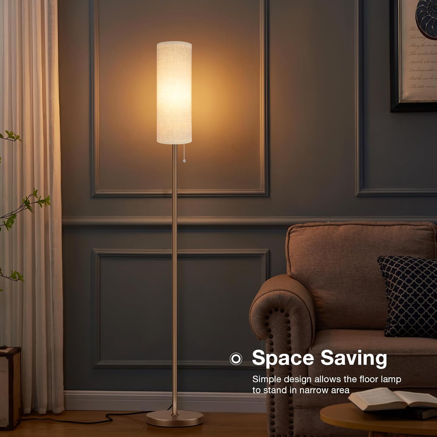 Aooshine Beige Floor Lamp for Living Room, 64" Standing lamp for Bedroom, Beige Shade & Brown Pole(Bulb Included)