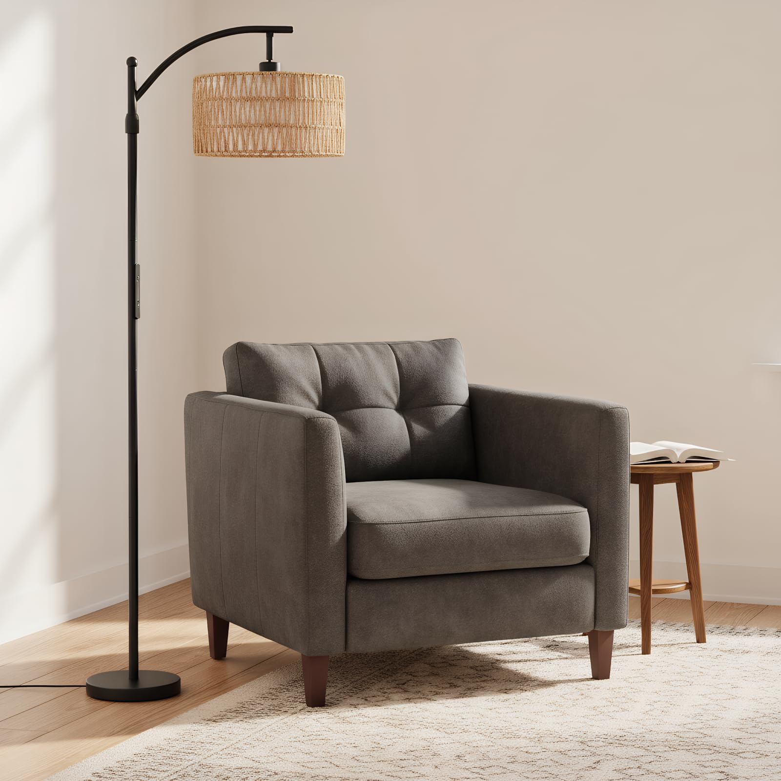 OUTON Floor Lamp with Rattan & Linen Double Shades, 12W 1080LM, Height Adjustable, Touch Control & Remote & App Control, Dimmable & 3000K-6500K, LED Tall Boho Standing Lamp for Living Room, Bedroom