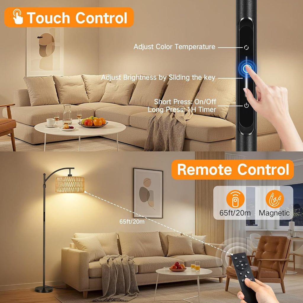 OUTON Floor Lamp with Rattan & Linen Double Shades, 12W 1080LM, Height Adjustable, Touch Control & Remote & App Control, Dimmable & 3000K-6500K, LED Tall Boho Standing Lamp for Living Room, Bedroom