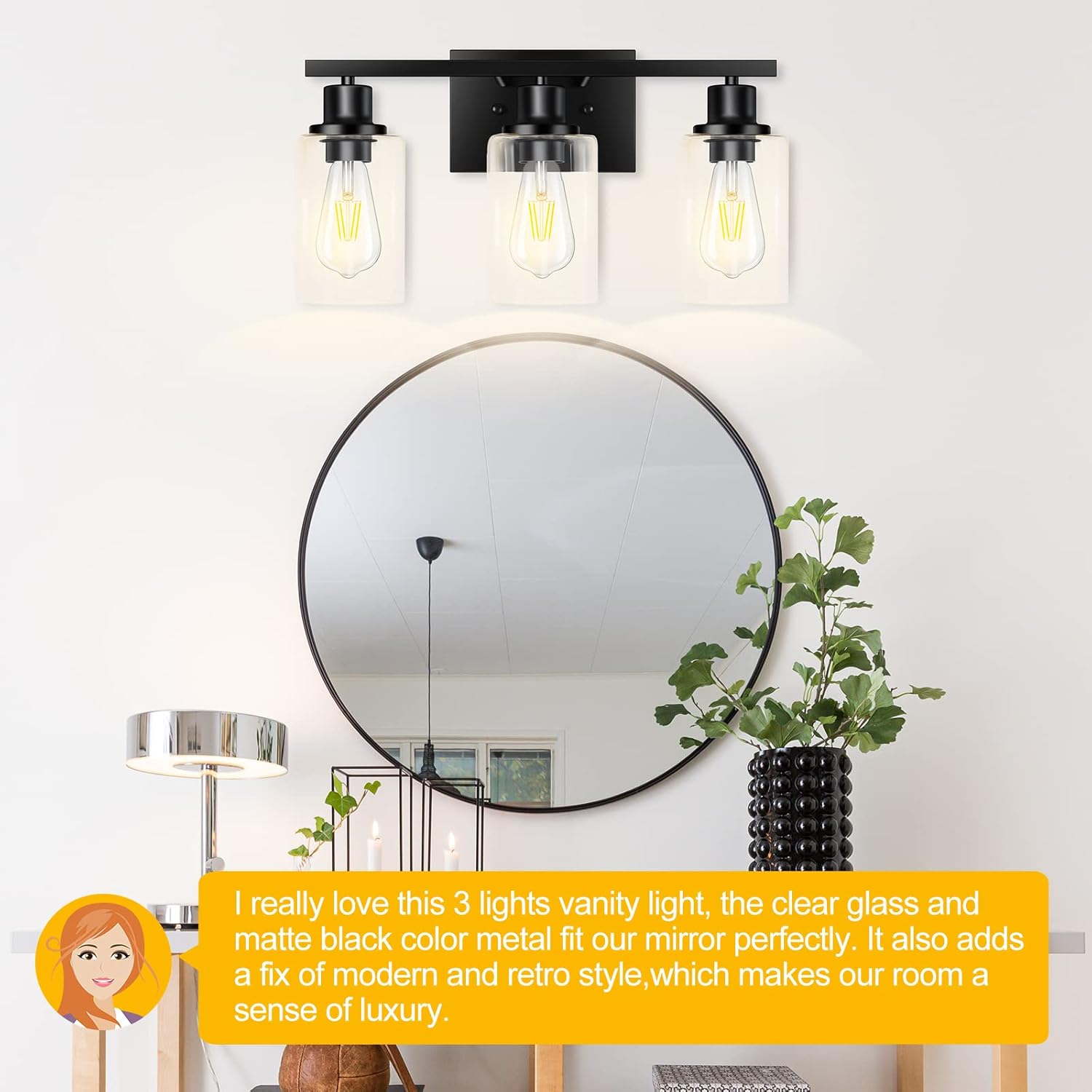 3-Light Vanity Light, Matte Black Bathroom Lighting Fixtures Over Mirror, Modern Metal Wall Lights for Hallway Kitchen Bedroom Living Room
