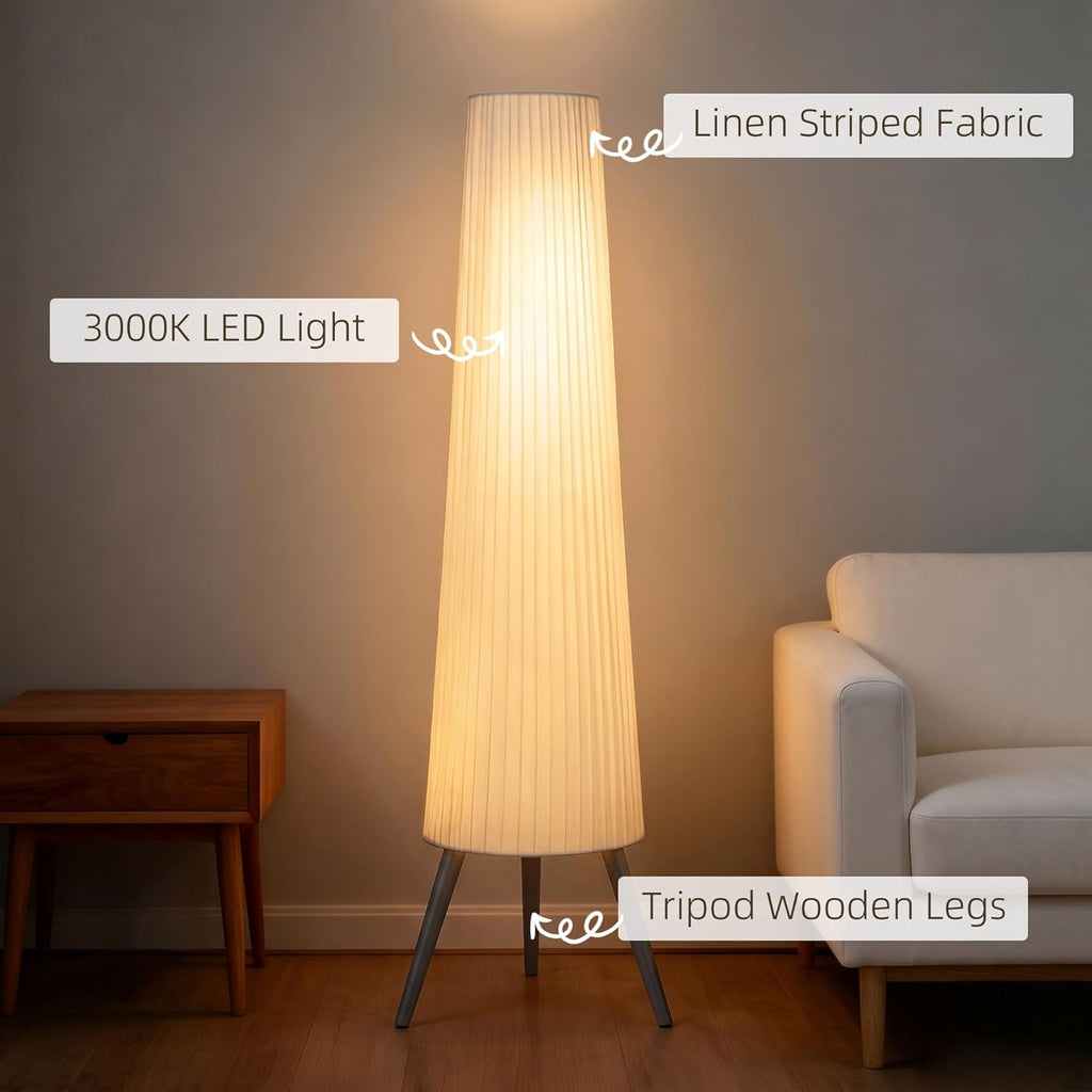 HOMCOM Dimmable Tripod Floor Lamp with Foot Switch, Nordic Standing Lamp with Fabric Shade for Living Room, Bedroom, Office, 153cm, White and Grey
