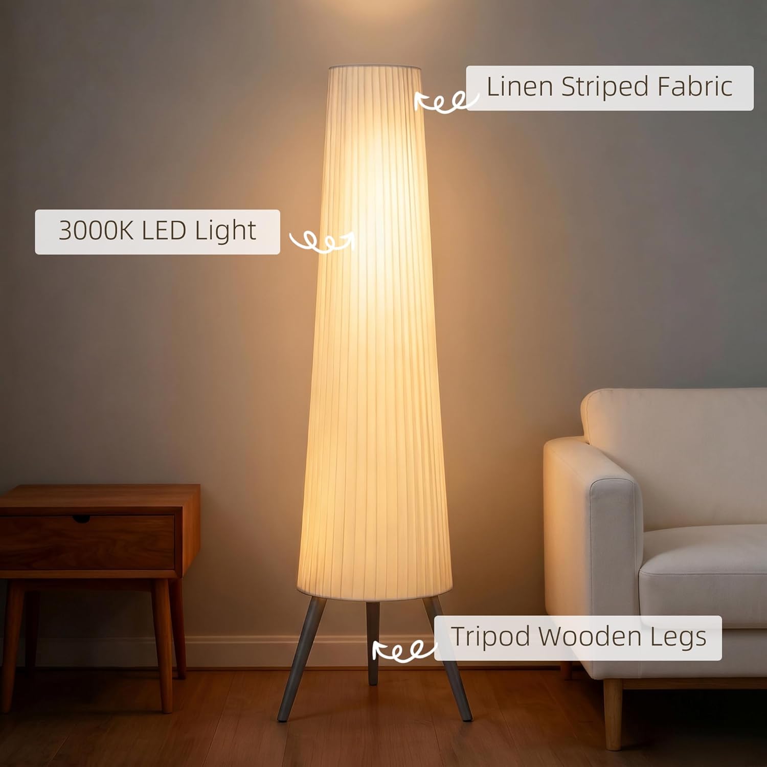 HOMCOM Dimmable Tripod Floor Lamp with Foot Switch, Nordic Standing Lamp with Fabric Shade for Living Room, Bedroom, Office, 153cm, White and Grey