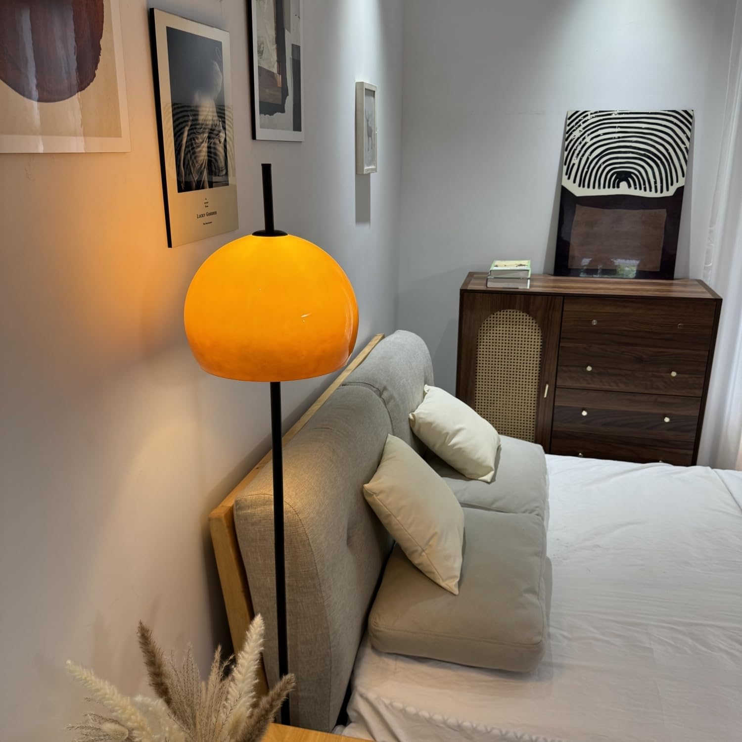 Bauhaus Style Orange Glass Floor Lamp Dome Shaped Mid Century Modern Mushroom Standing Lamp Art Deco Tall Lamp Nordic Floor Light for Living Room Bedroom - Black Base