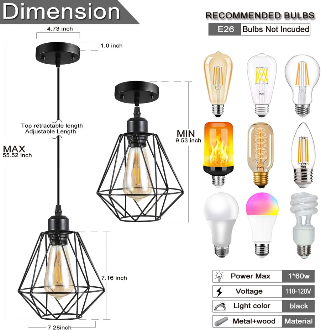 2 Pack Farmhouse Pendant Lights Modern Black Industrial Pendant Light Cage Hanging Ceiling Light,Fixture for Kitchen Island Dining Room Over Sink Hallway Bedroom Fixtures Hanging Lamp