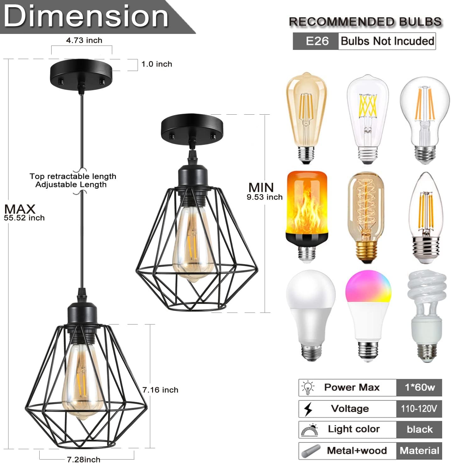 2 Pack Farmhouse Pendant Lights Modern Black Industrial Pendant Light Cage Hanging Ceiling Light,Fixture for Kitchen Island Dining Room Over Sink Hallway Bedroom Fixtures Hanging Lamp