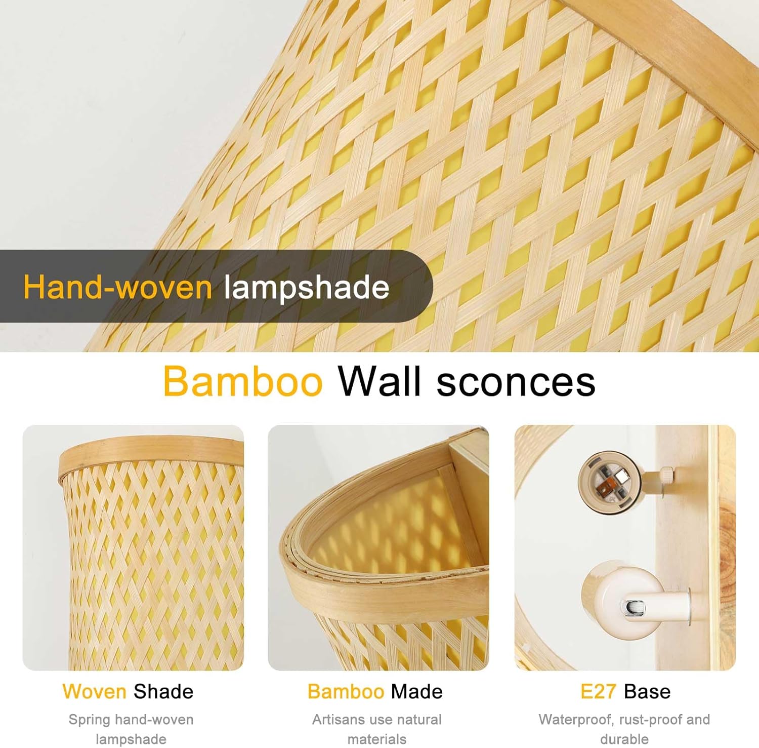 Wall Lights Bamboo Wood,Boho Lamp Wall Lights for Living Room Vintage Rustic Decor E27 Hand Woven Wall Light for House Bedroom Bedside