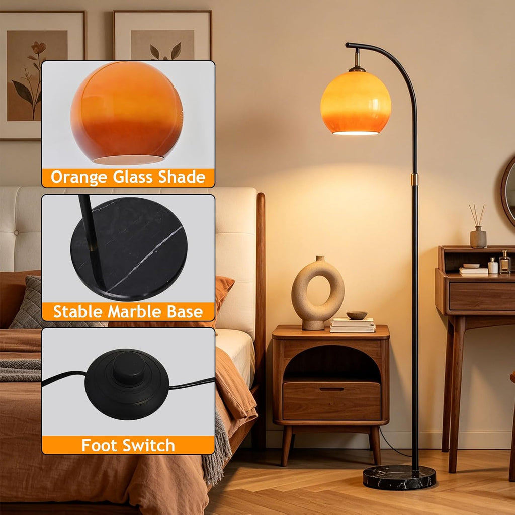 Nordic Orange Glass Floor Lamp Arc Height Adjustable Floor Light Marble Base Tall Lamp with Globe Glass E26 Dimmable Standing Fixtures for Living Room Sofa Area Study Bedroom