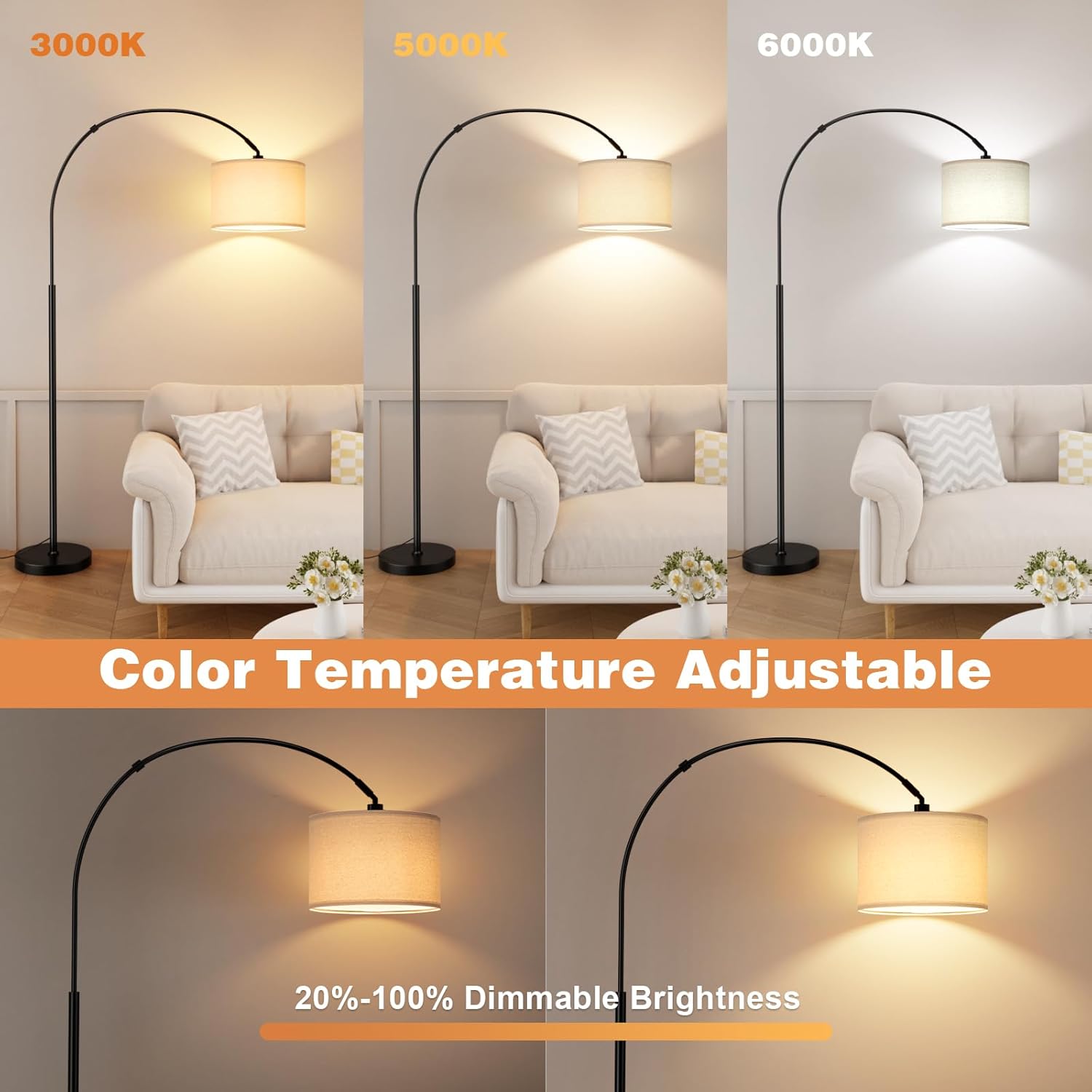 Arc Floor Lamp with Remote, Dimmable 3 Color Temperatures for Living Room Bedroom Office, Bulb Included