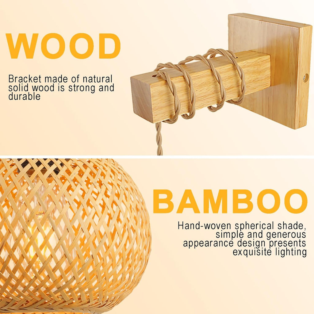 Bamboo Boho Wall Lights,Vintage Nylon Rope Wood Lantern Wall Lights for Living Room E27 Wall Lamp Shade,Hand-Woven Wall Light for Bedroom Hallway Cafe Bar (Without Bulb)