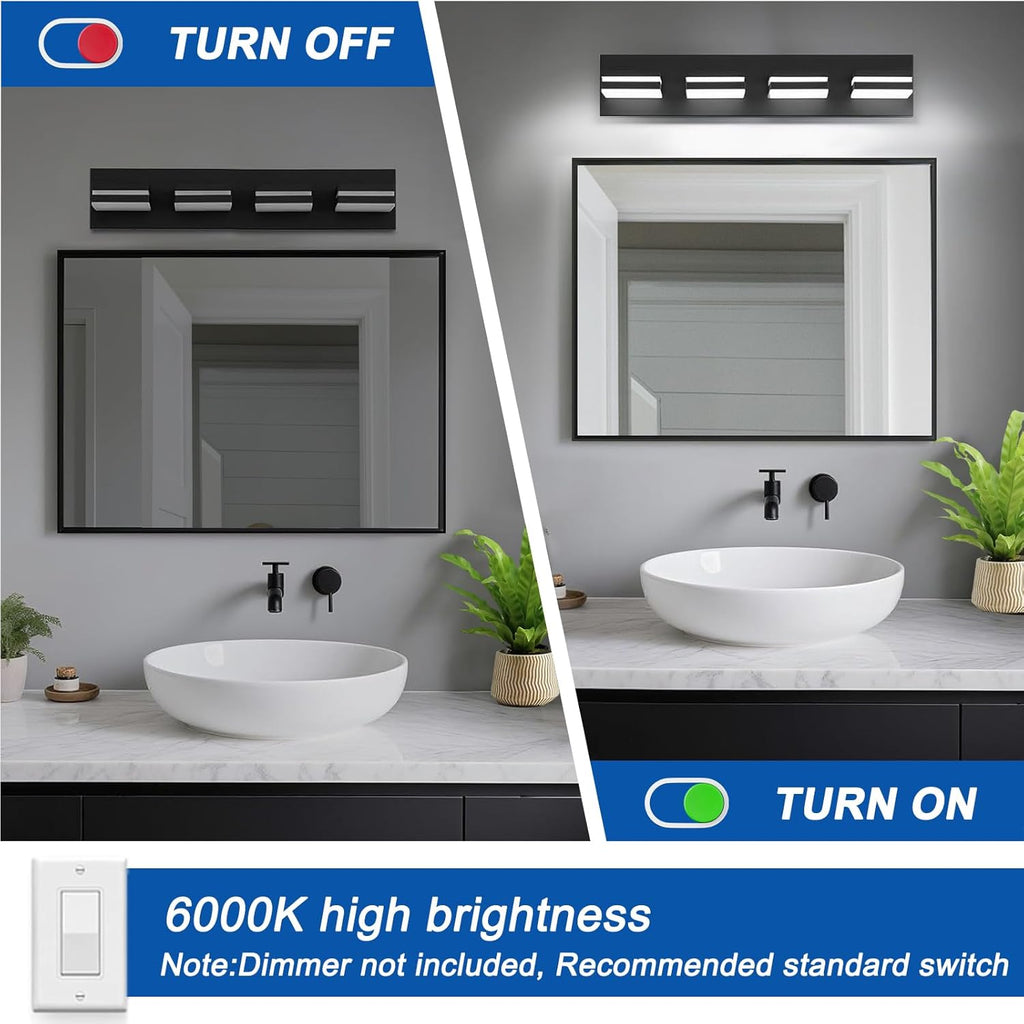 IZORRO Modern LED Bathroom Light Fixtures (4 Lights, Dimmable) Matte Black Acrylic Wall Lighting, Bathroom Vanity Lights Over Mirror - 6000K 24 Inch (No Assembly Required)