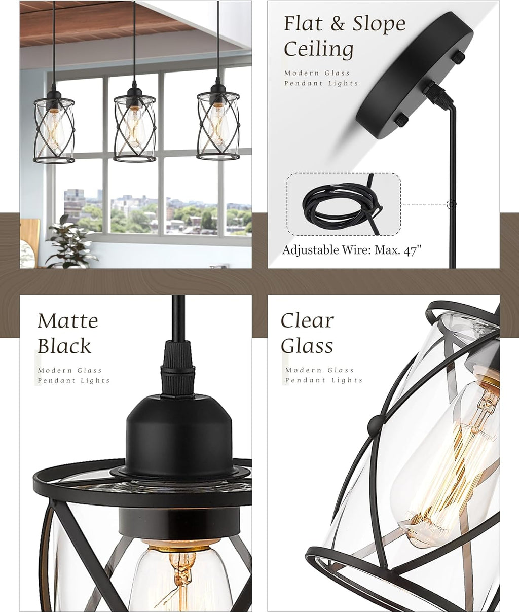 Glass Pendant Lights Kitchen Island 2 Pack, Black Mini Pendant Light with Clear Glass, Farmhouse Industrial Cage Hanging Lighting for Kitchen Sink Dining Room Bathroom, CH9176-1-2PK