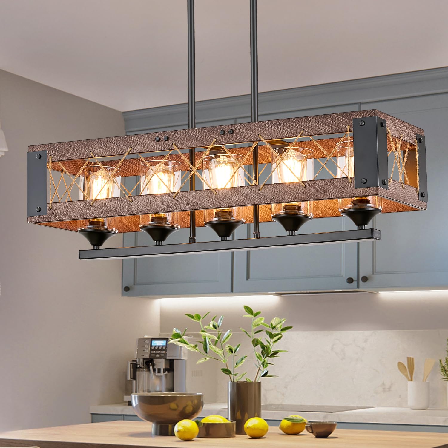 Industrial Pendant Light Fixture, 3-Light Kitchen Island Lighting with Wood Grain Bar and Black Metal Cage, Farmhouse Rustic Hanging Ceiling Lamp for Dining Room, Living Room