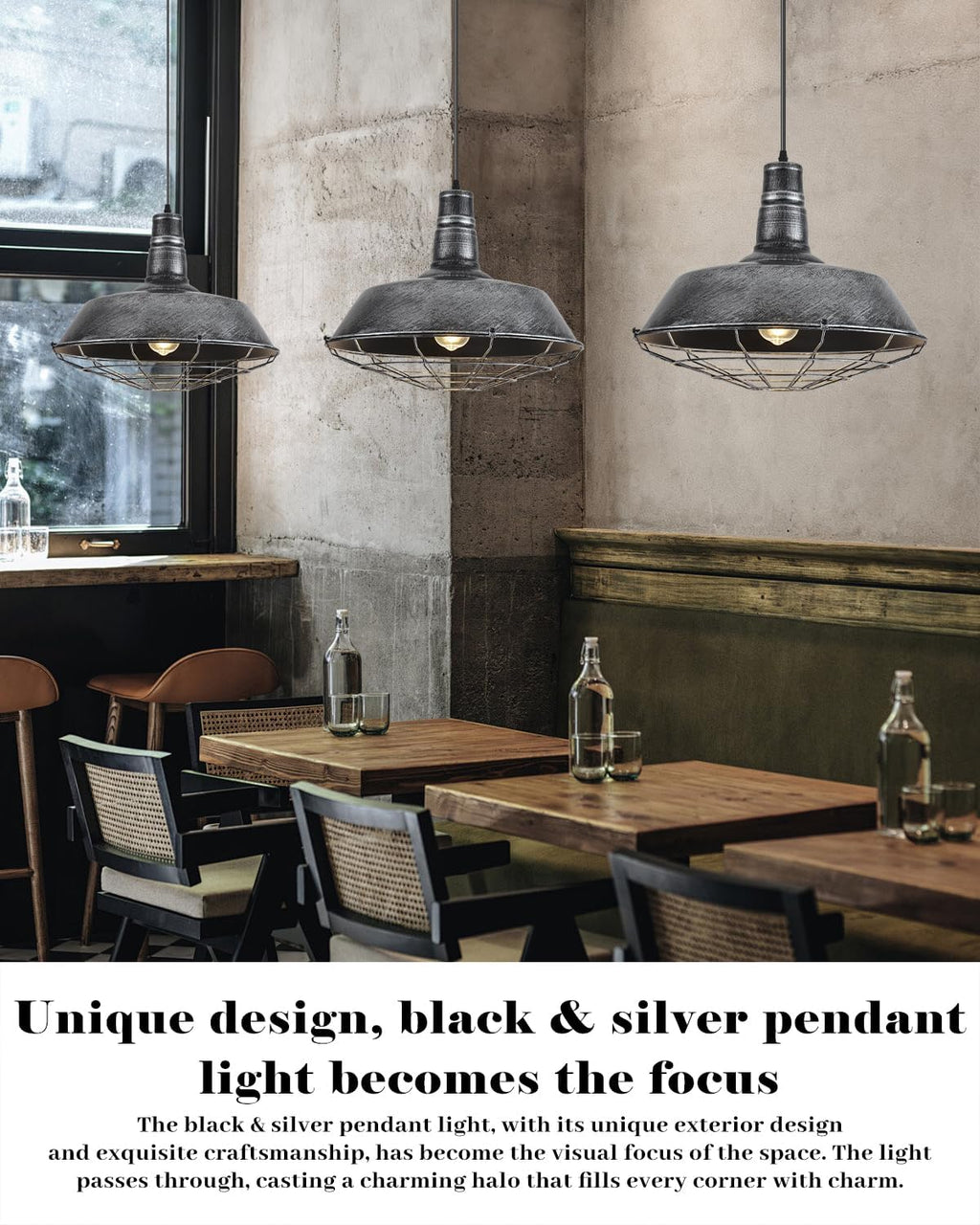 Large Pendant Lights Kitchen Island 1 Pack, 18.1 Inch Oversized Industrial Pendant Light, Black and Silver Barn Pendant Light with Wire Cage, Farmhouse Pendant Lights for Kitchen Barn