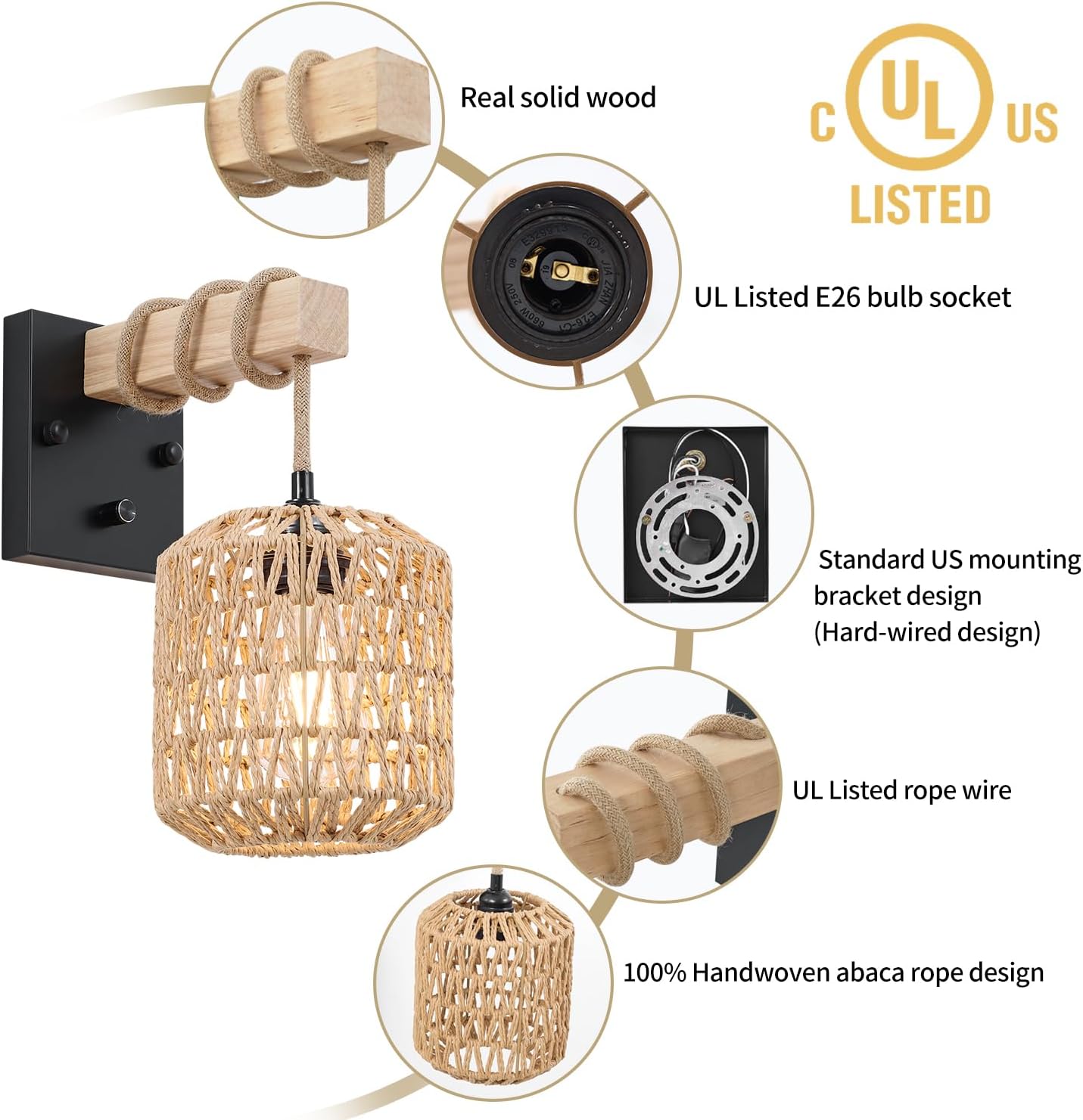 Rattan Boho Wall Sconces Set of Two, Hardwired Hand-Woven Farmhouse Wall Lamps with Wooden Arm & On/Off Dimmable Switch,Large Rustic Indoor Wall Mount Light Fixtures for Bedroom Nursery Bathroom