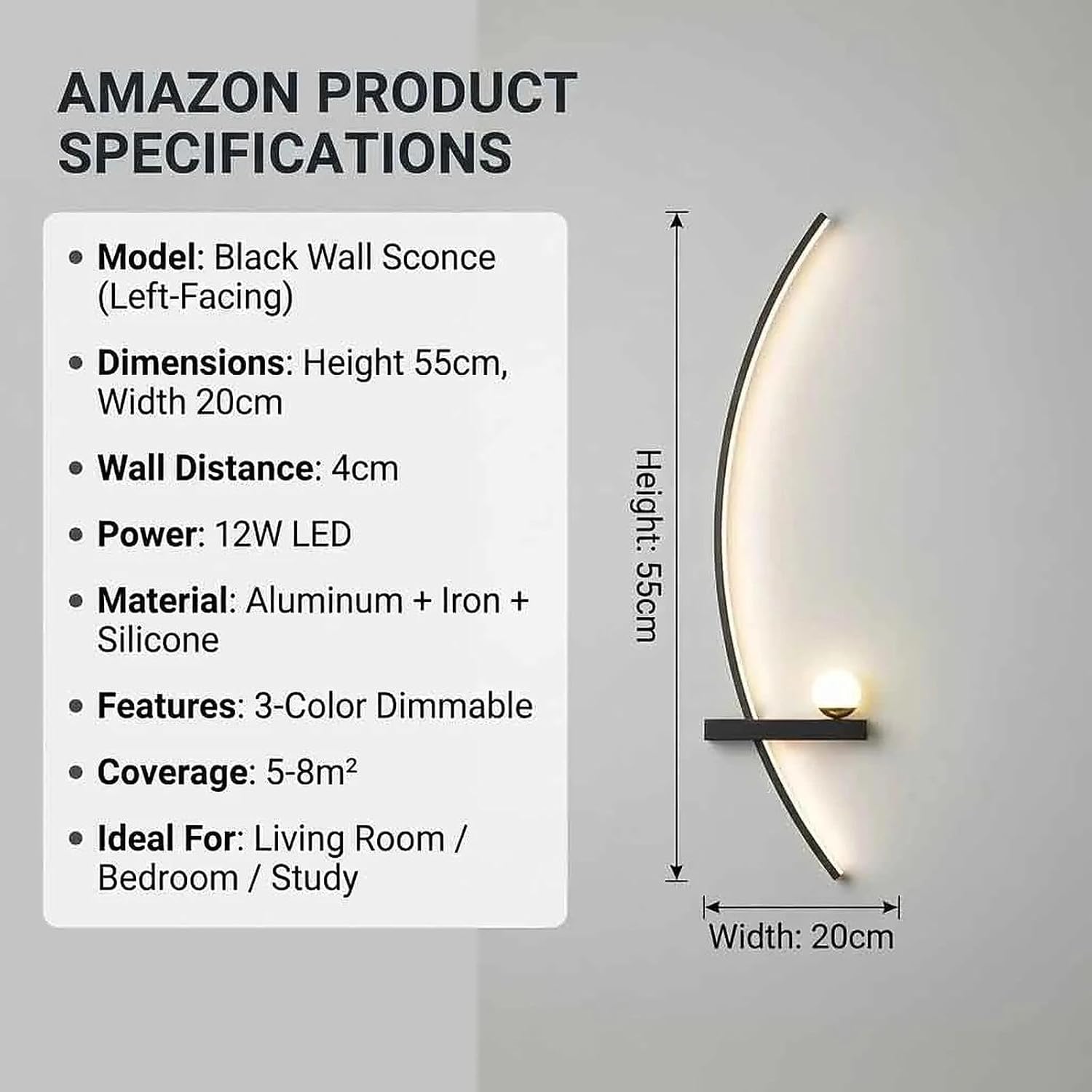 Modern Black Wall Sconces - 21.6" LED Linear Wall Lights for Bedroom & Living Room, 3-Color Dimmable Curved Art Decor Sconce Lamp for Hallway, Stairs & Vanity (Hardwired)(Black Left,55cm)