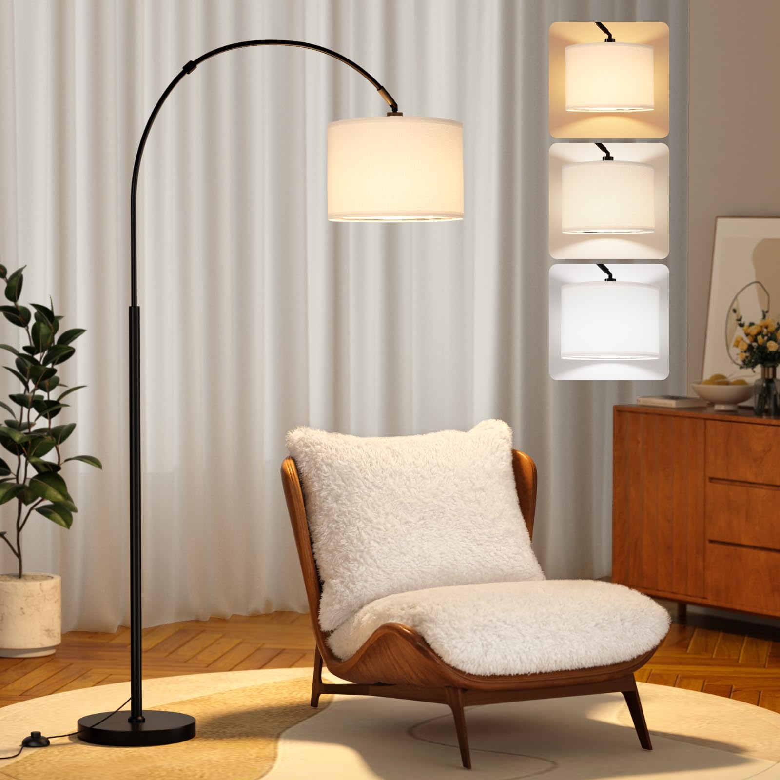 Arc Floor Lamp, Standing Lamp with Remote Control, Modern Floor Lamp for Living Room with Dimmable 3 Color Temperatures, Tall Lamp Corner Lamp for Bedroom Office Dorm Room, Bulb Included