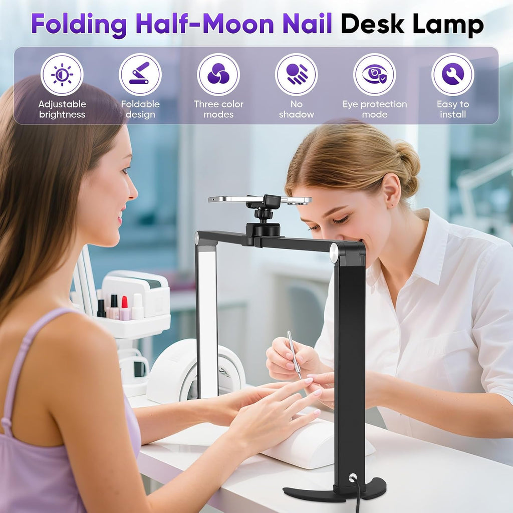 35W Half Moon Lamp 26inch Square Nail Desk Lamp with Phone Holder, Foldable LED Nail Table Light 3000K-6000K Dimmable for Nail Tech, Lash Eyelash Extension, Tattoo, Eyebrows, Black