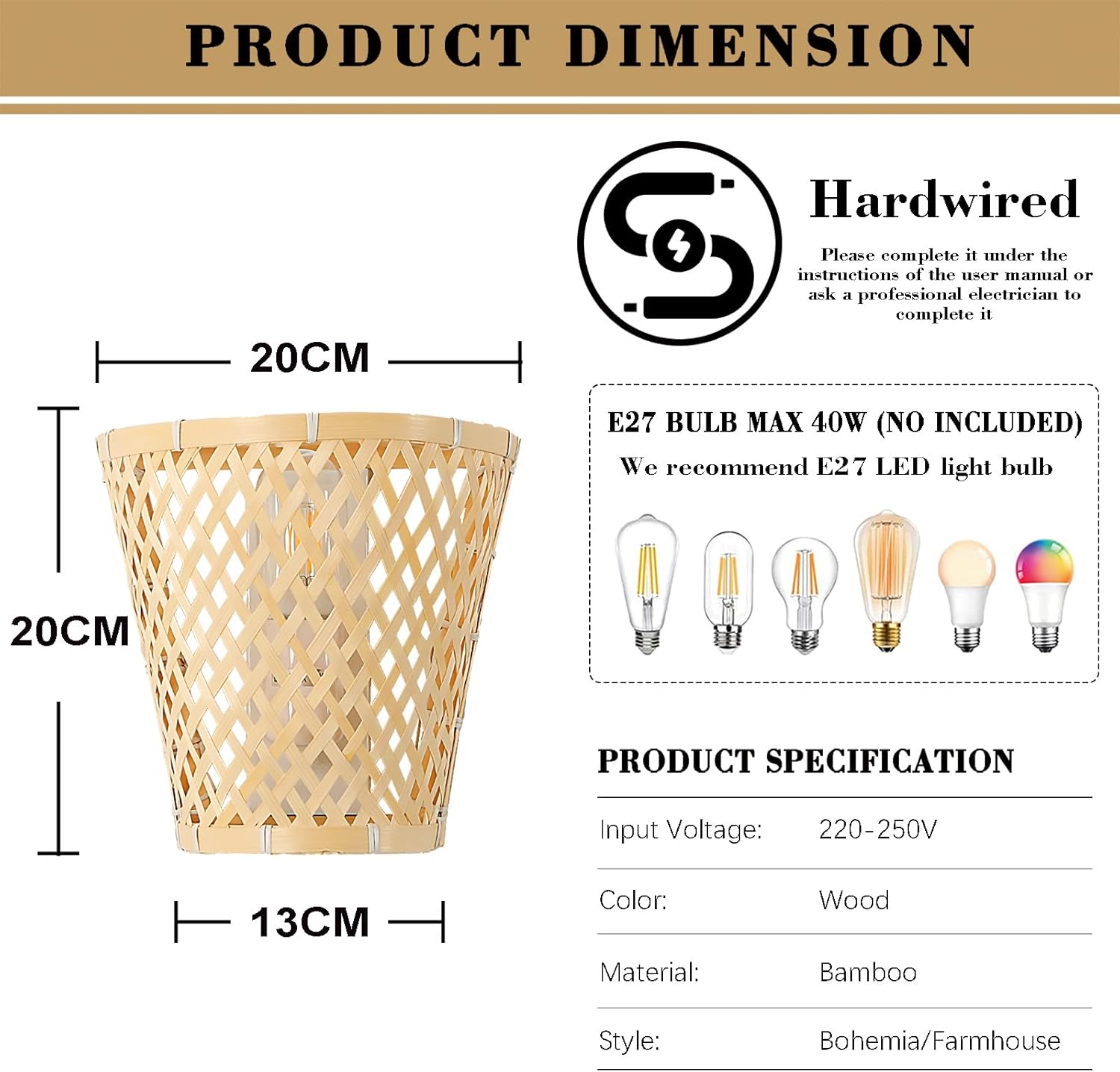 Boho Bamboo Wall Lamp, Handmade Basket Shape Vintage Sconce E27 for Living Room Bedroom Dining Room