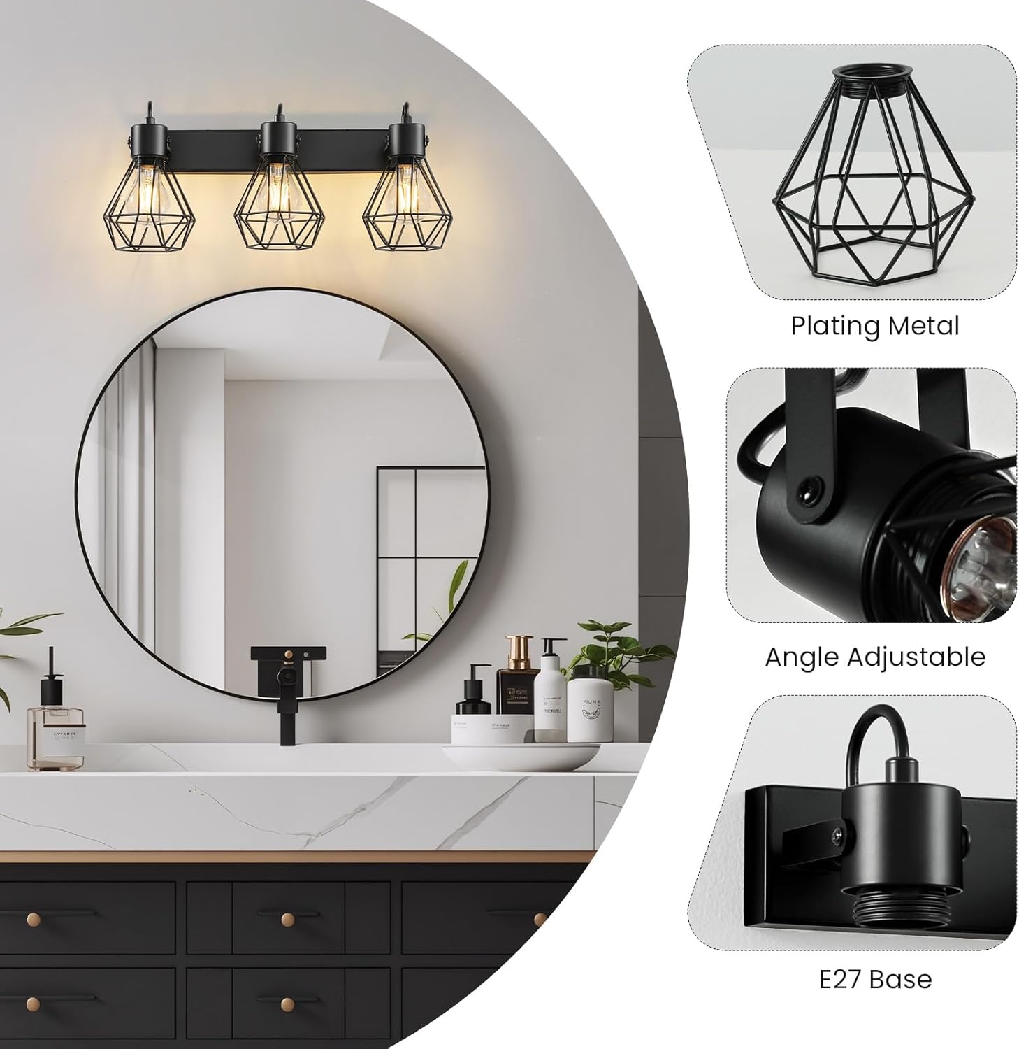 Epinl Bathroom Vanity Light Fixtures: 3 Lights 90° Rotatable Black Wall Lights Over Mirror with Metal Shade, E27 48CM Vintage Farmhouse Indoor Bathroom Lighting Fixture for Bedroom Living Room