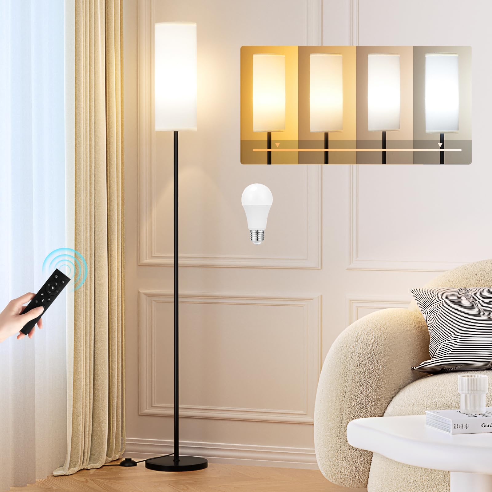 64" Modern Floor Lamp, Remote Controlled Stepless Dimmable Lamp for Living Room Bedroom Office, 9W Bulb Included
