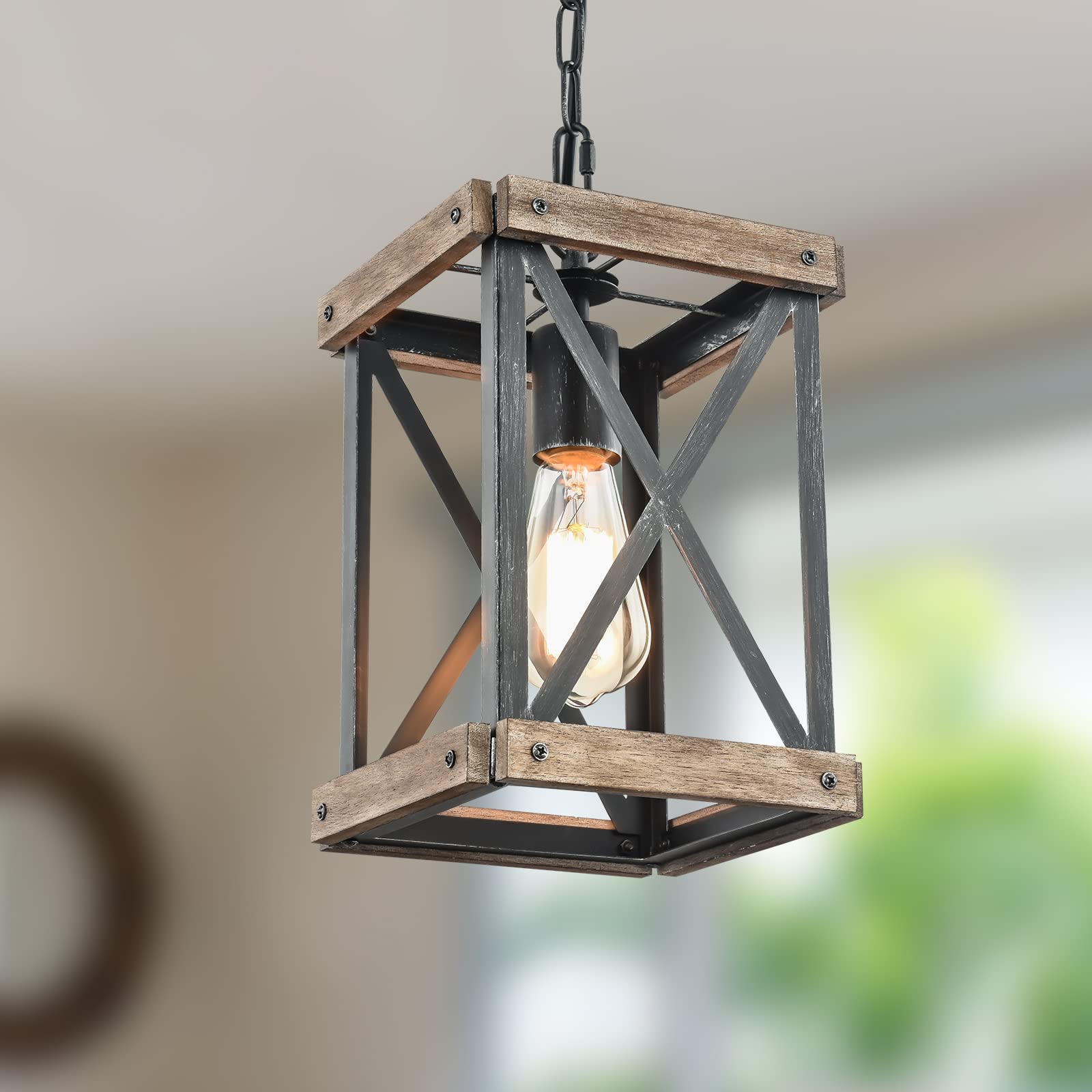 Retro Industrial Metal and Wood Farmhouse Chandeliers, 1-Light Round Cage Pendant Light Fixtures for Farmhouse Kitchen Island Foyer Hallway Bar Dining Room Restaurant, Brown, 2 Pack