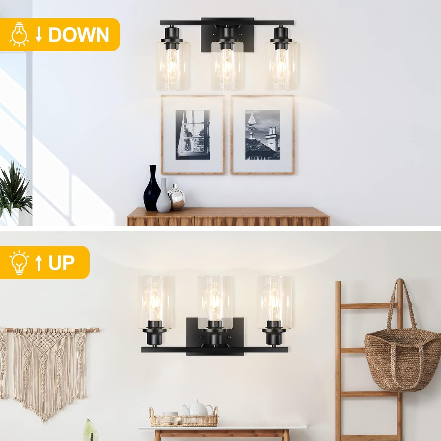 3-Light Vanity Light, Matte Black Bathroom Lighting Fixtures Over Mirror, Modern Metal Wall Lights for Hallway Kitchen Bedroom Living Room