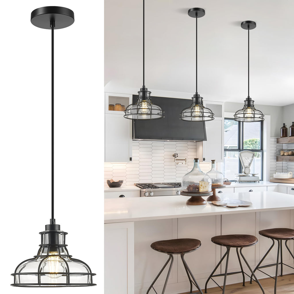Industrial Pendant Lights Kitchen Island Black 8.7", 2 Pack Hanging Light Fixtures with Clear Glass and Metal Cage, Farmhouse Kitchen Pendant Light for Dining Room, Bedroom, Living Room
