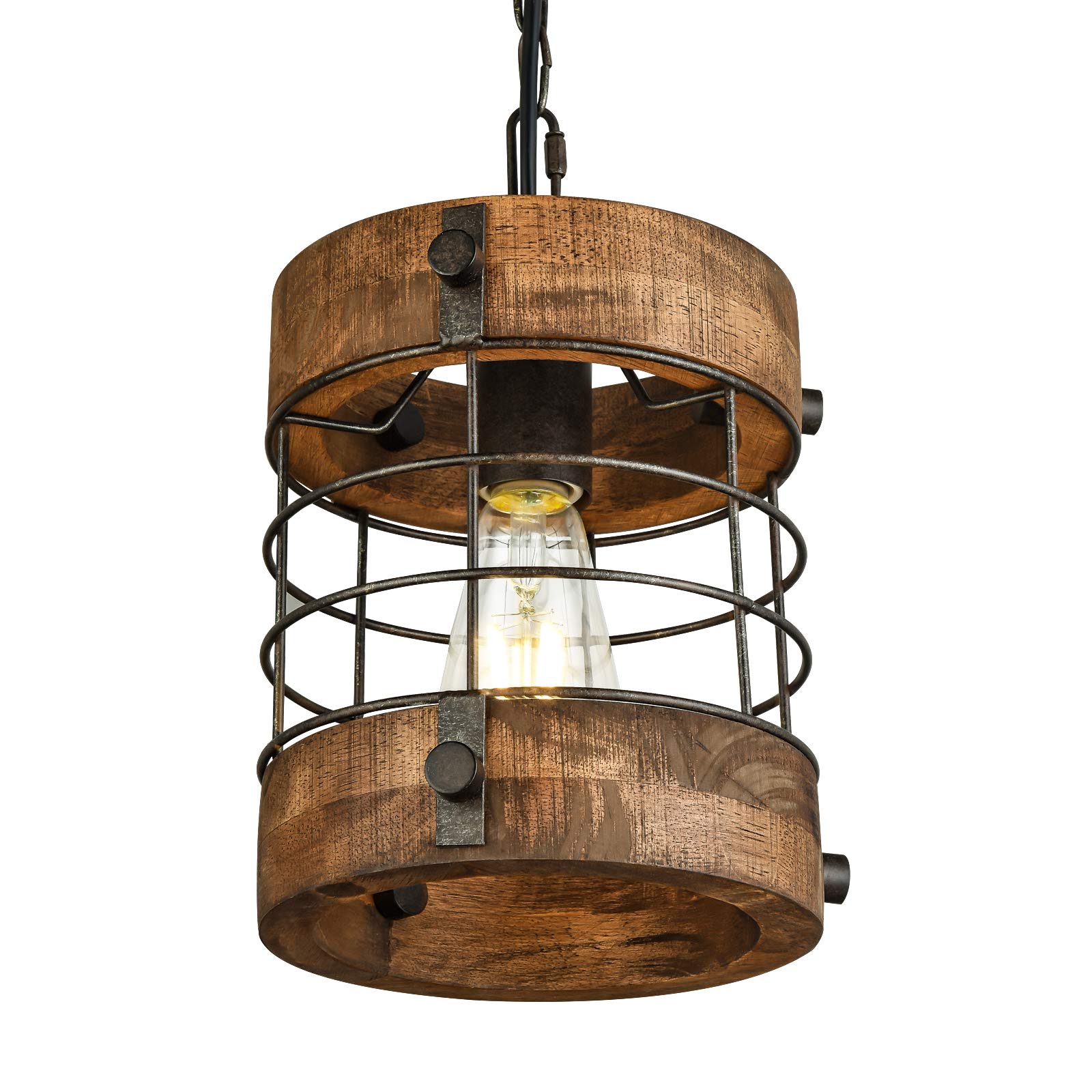 Retro Industrial Metal and Wood Farmhouse Chandeliers, 1-Light Round Cage Pendant Light Fixtures for Farmhouse Kitchen Island Foyer Hallway Bar Dining Room Restaurant, Brown, 2 Pack